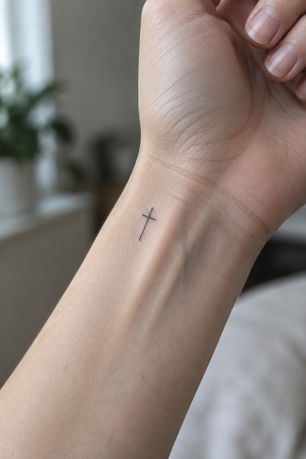 Small black cross tattoo on inner wrist of clenched hand with manicured nails