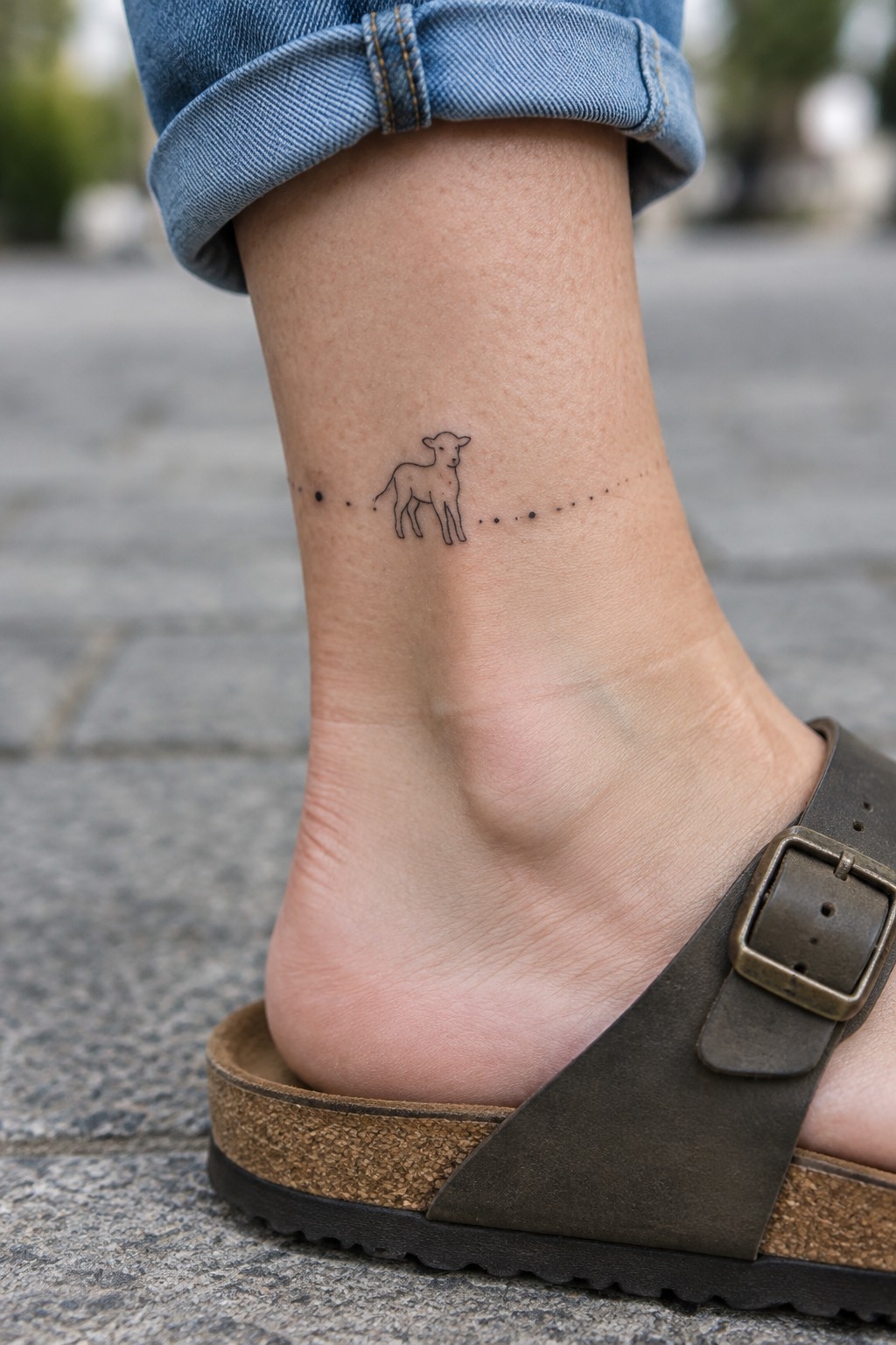 Cuffed blue jeans and brown sandal on ankle with lamb tattoo and dotted lines