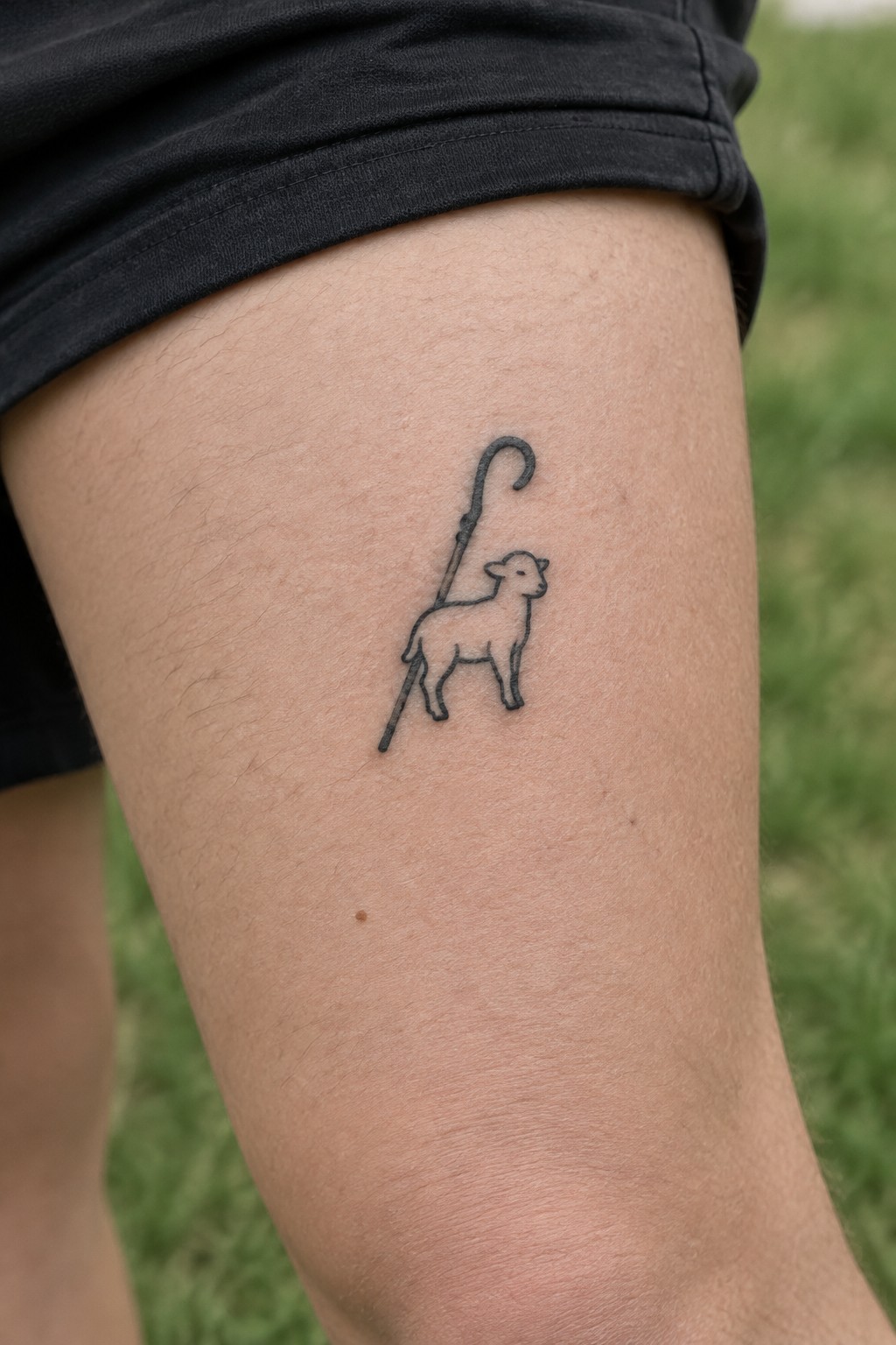 Black line tattoo of lamb with shepherd's crook on thigh above black shorts