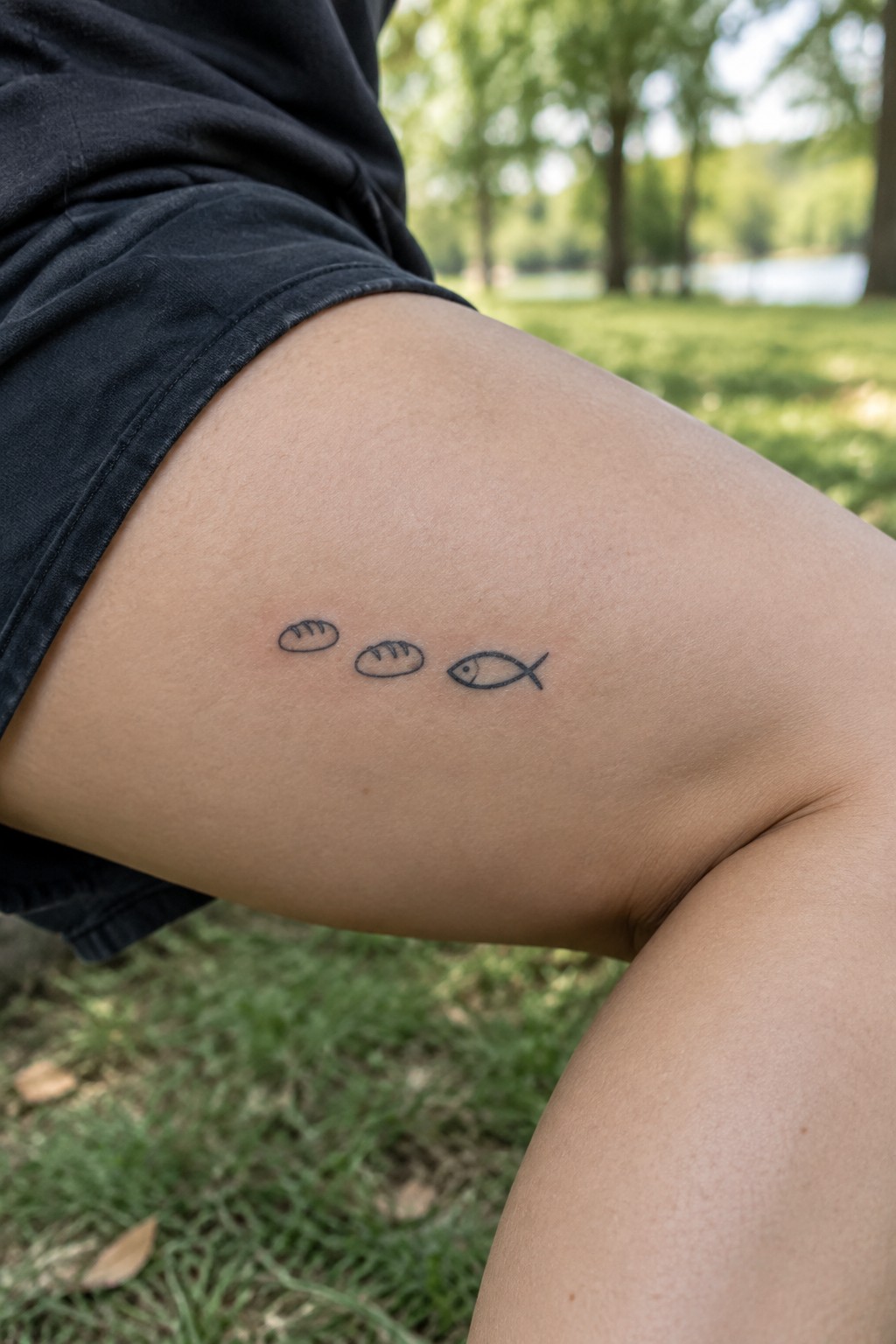 Minimalist line tattoo showing two small loaves and a fish on a person's thigh outdoors