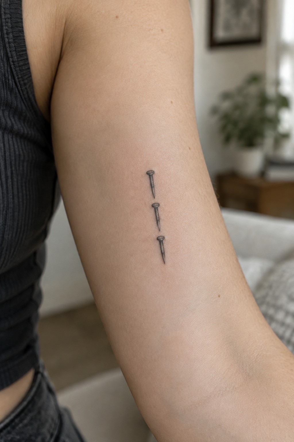 Small black ink tattoo of three nails aligned vertically on the upper arm in minimalist line art style