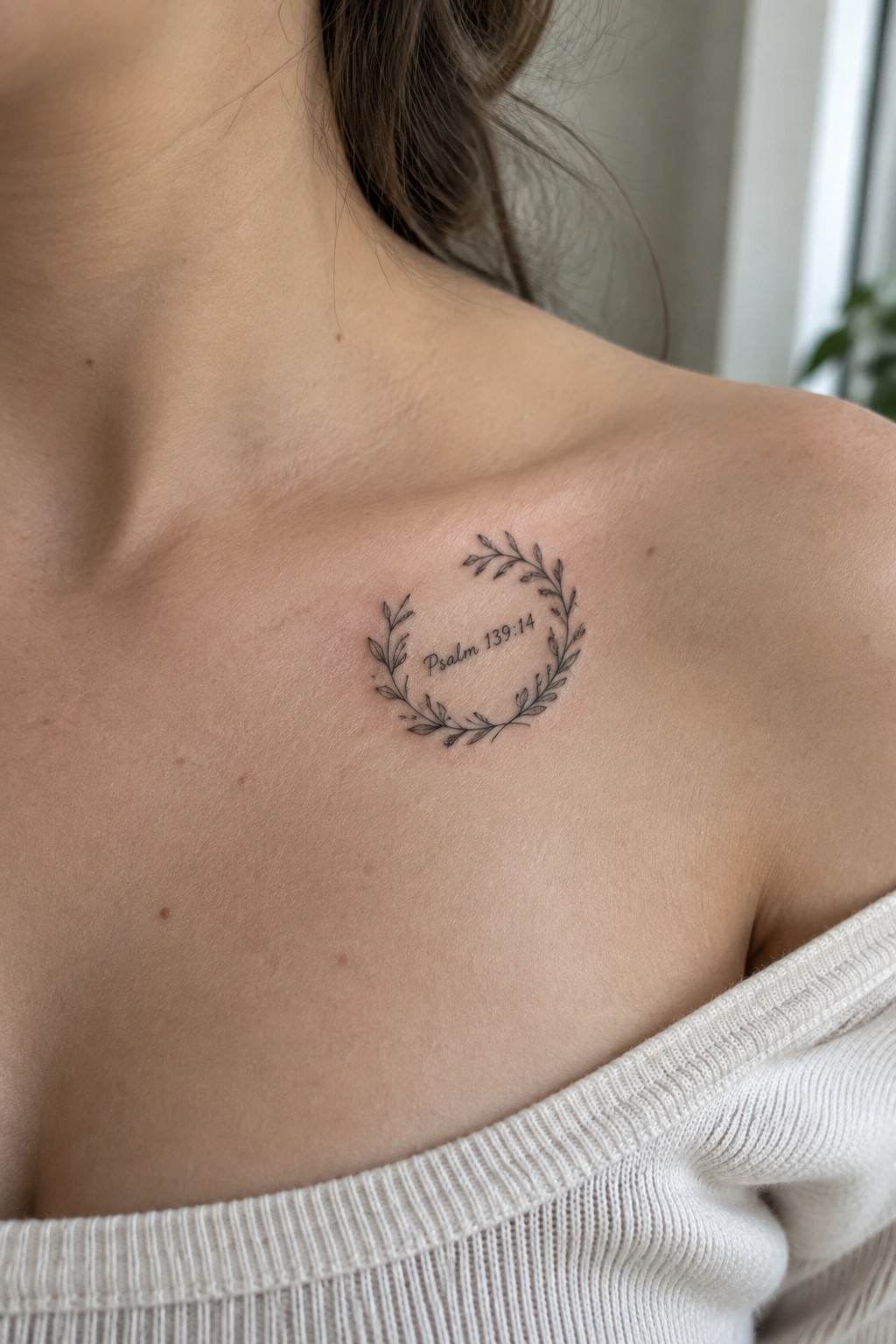Small black ink leaf wreath tattoo with Psalm 139:14 text inside on upper chest near the shoulder
