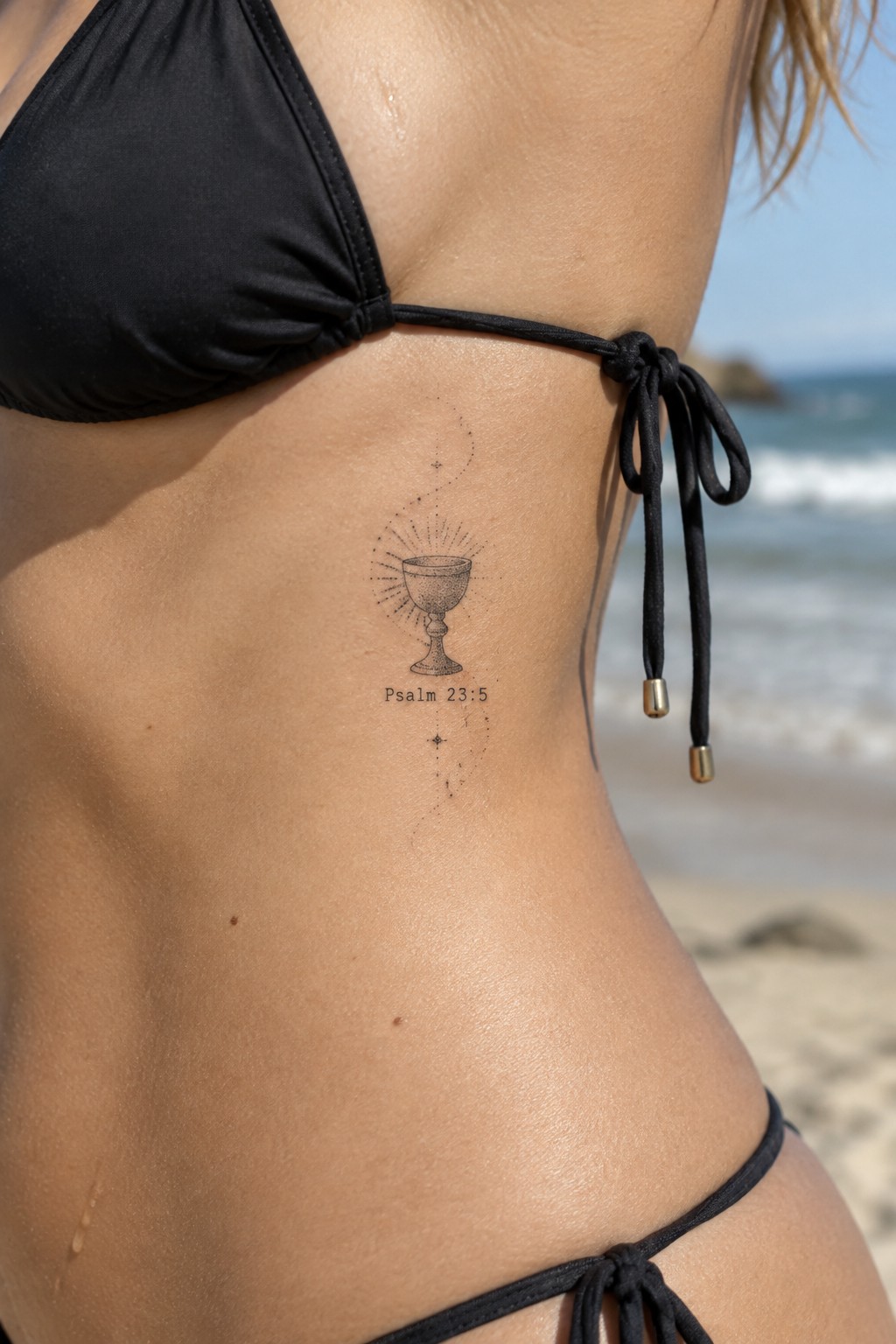 Fine line chalice tattoo with rays and dotted path on the side ribs, Psalm 23:5 text below, on a person in a black bikini at the beach
