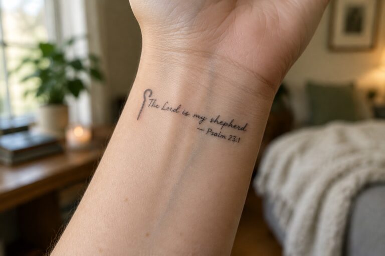 Wrist tattoo of "The Lord is my shepherd" above white knit sweater cuff