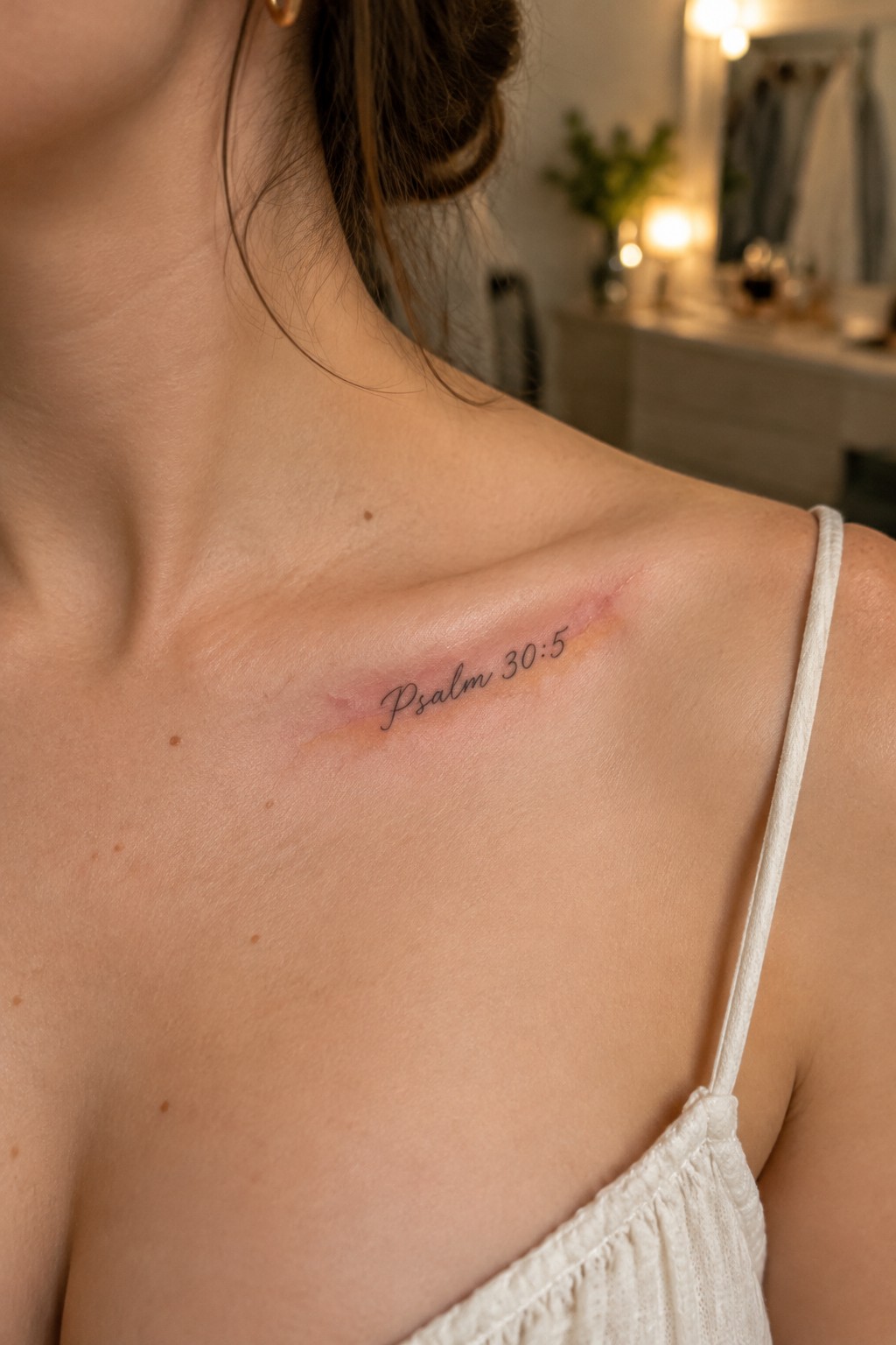 Psalm 30:5 tattoo beside healing scar on shoulder with white strap