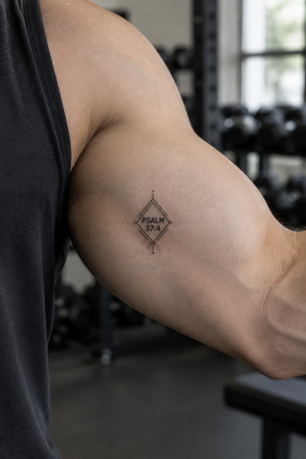 Small minimalist diamond tattoo with Psalm 37:4 text on the upper arm
