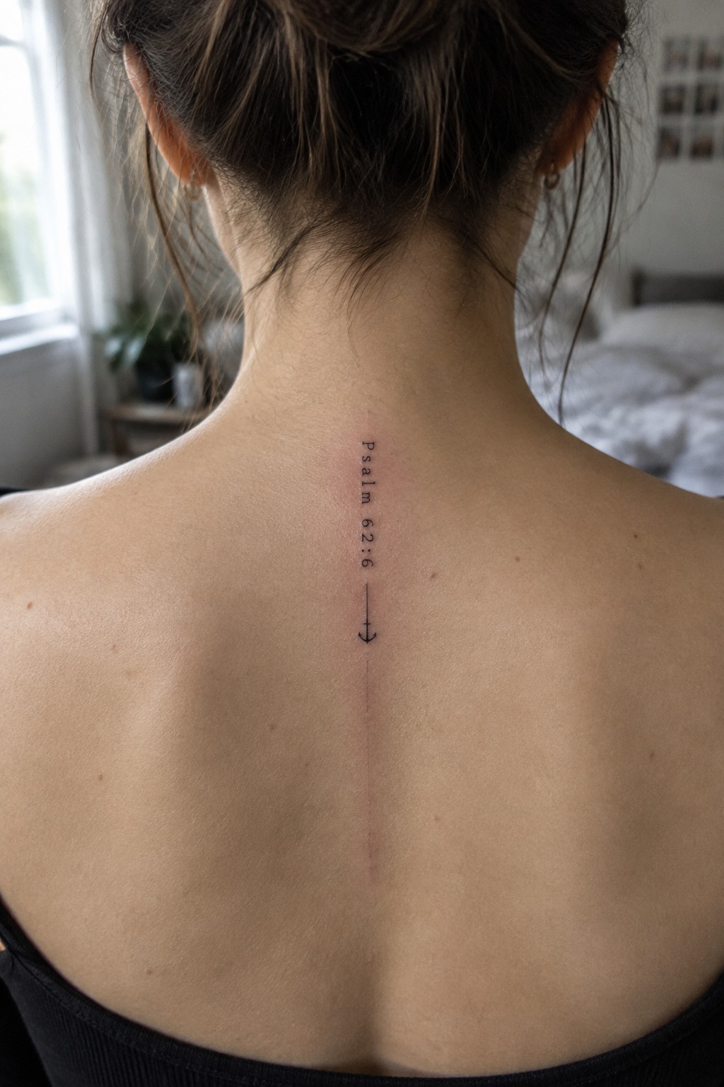 Woman's upper back with vertical Psalm 62:6 tattoo, anchor, and thin red line