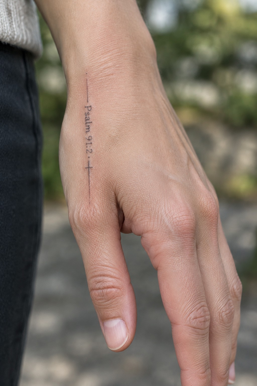 Wrist tattoo reading Psalm 91:2 with cross, white sweater cuff visible