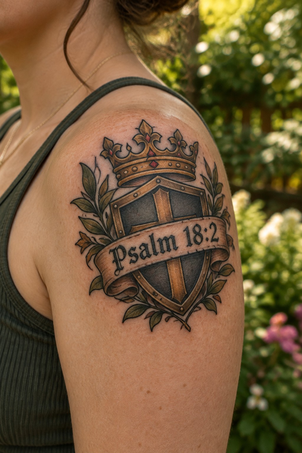 Tattooed shoulder with crowned shield, cross, laurel leaves, and Psalm 18:2 banner