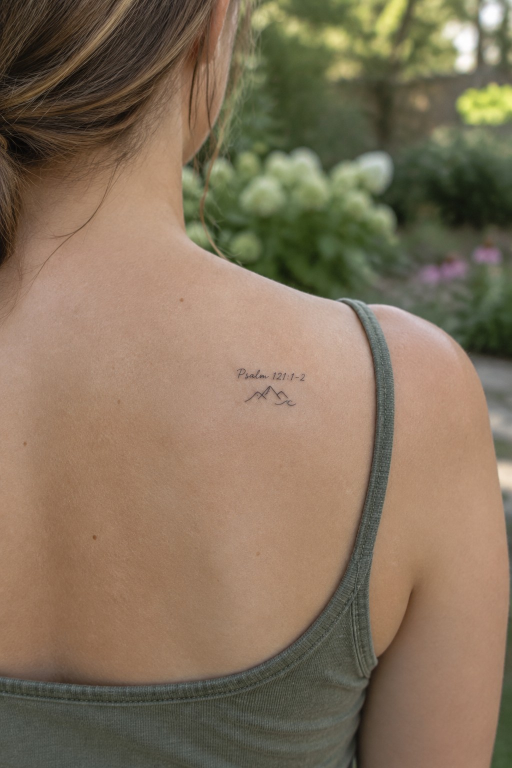 Woman's shoulder with Psalm 121:1-2 tattoo and mountain line art over green tank top