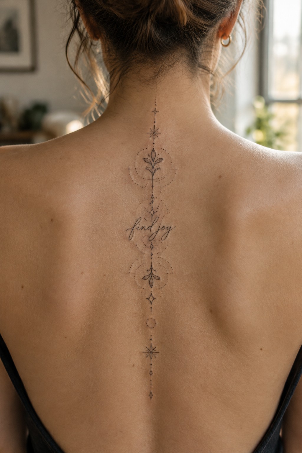 Fine-line spine tattoo with the words “find joy,” botanical motifs, and small celestial details running down a woman’s back.