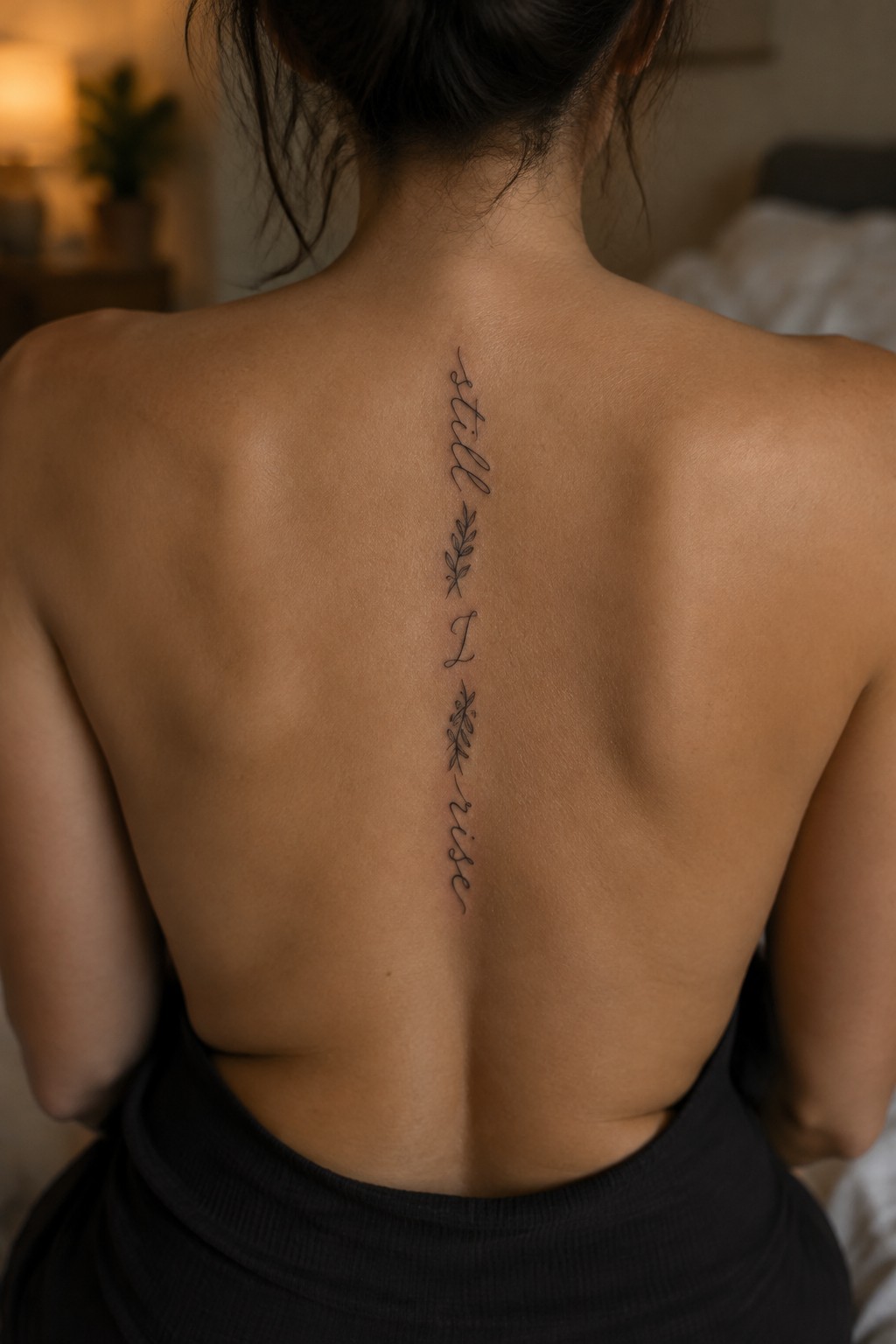 Fine-line cursive quote tattoo with small botanical sprigs running vertically down a woman’s spine.