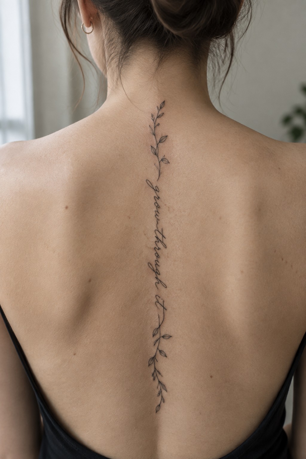 Fine-line cursive quote intertwined with a delicate leafy vine tattoo running down a woman’s spine.
