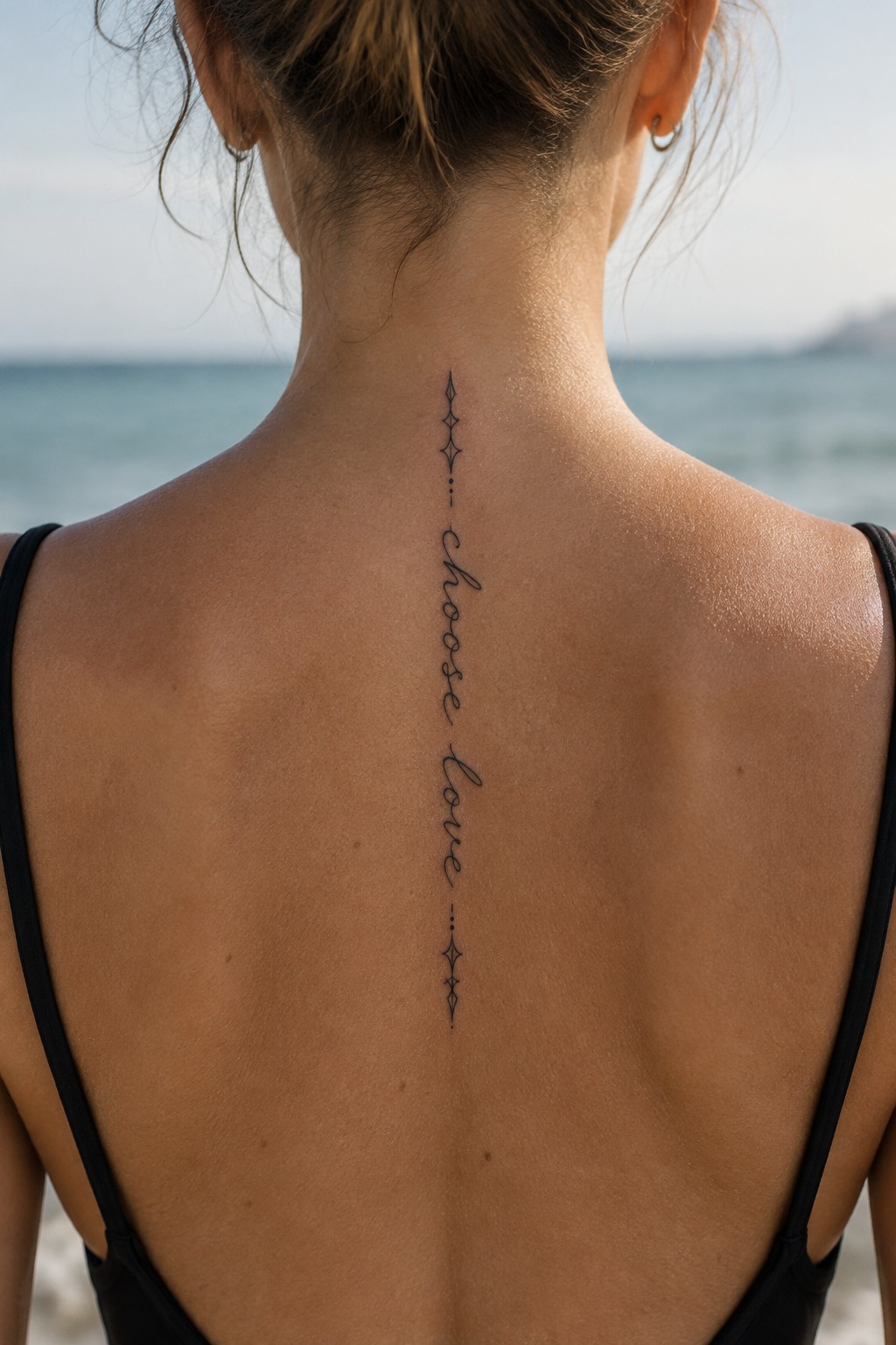 Fine-line “choose love” script tattoo with geometric star details running vertically down a woman’s back.