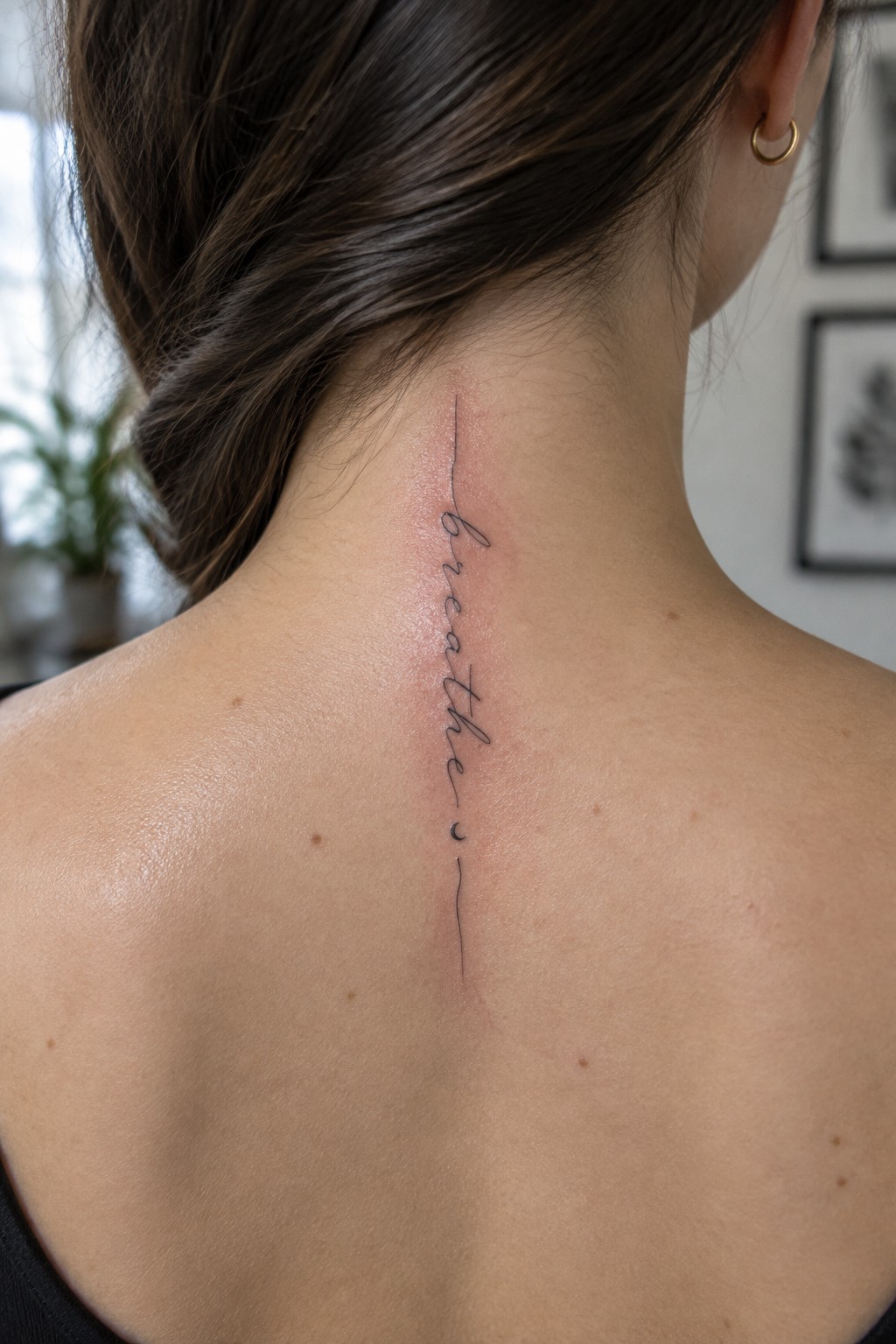 Fine-line script quote tattoo running vertically down the upper spine with a thin line above and below the lettering.