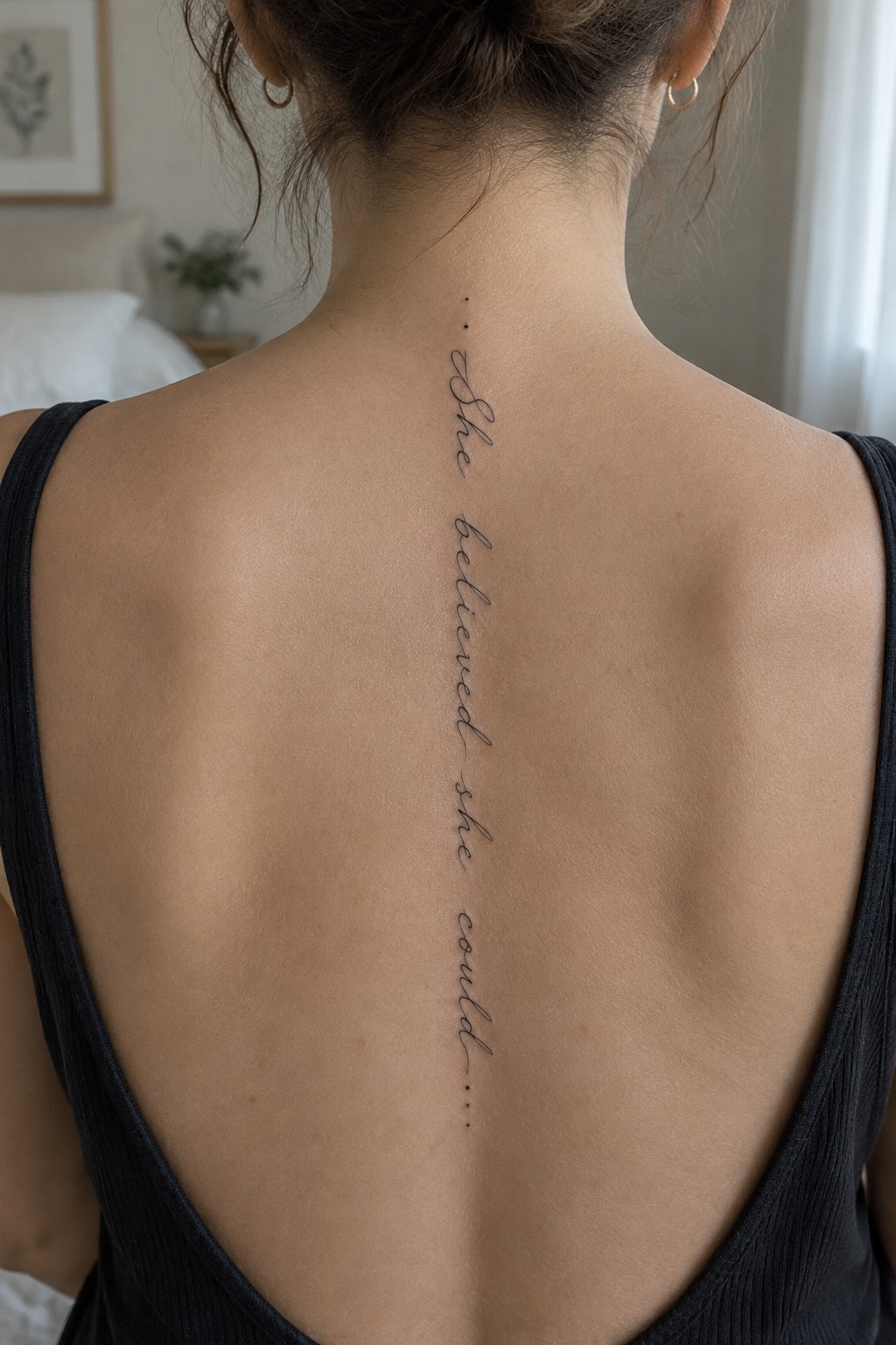 Fine-line cursive quote tattoo reading “She believed she could” down the center of a woman’s back, with small dot accents at each end.