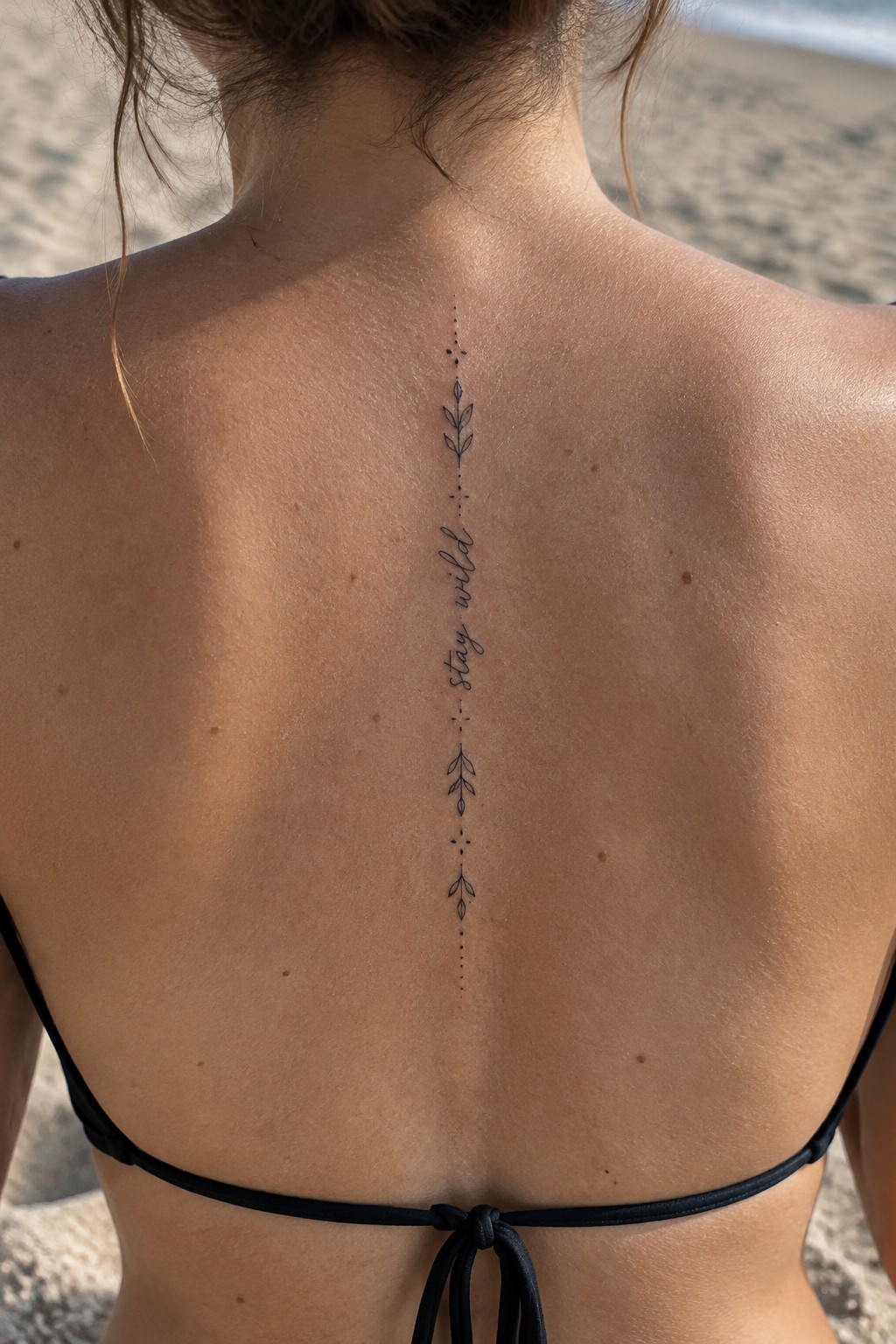 Fine-line “stay wild” script tattoo with small botanical motifs and dotted accents running vertically down a woman’s back.