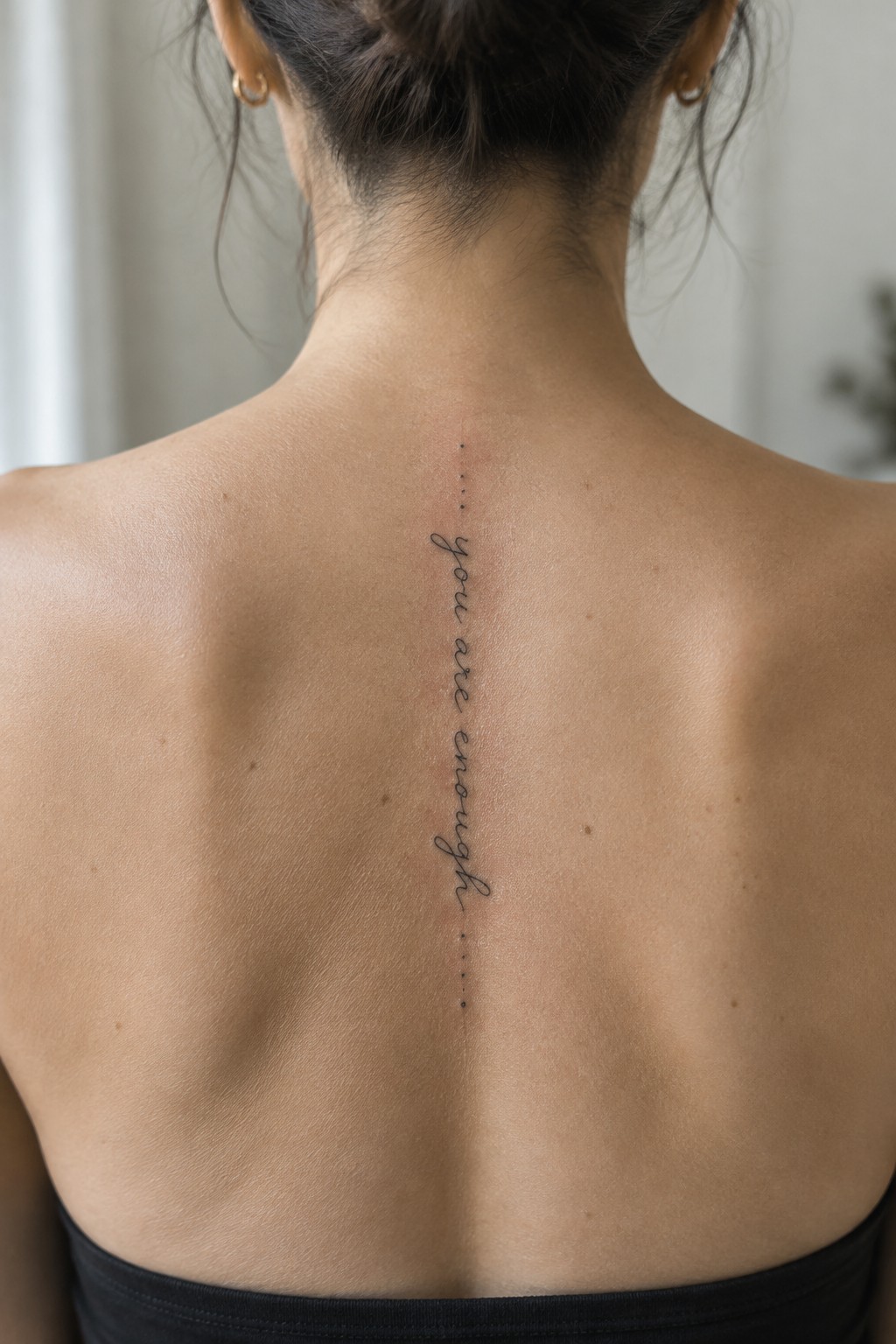 Fine-line “you are enough” script tattoo with small dot accents running vertically down a woman’s spine.