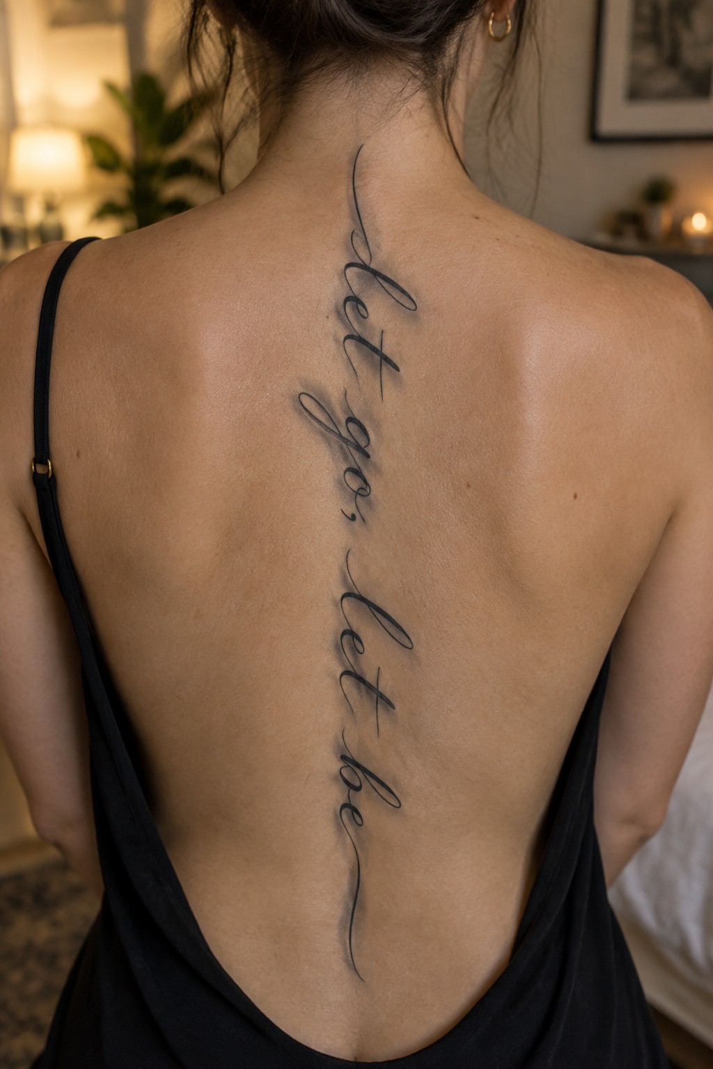 Fine-line cursive quote tattoo running vertically down a woman’s back along the spine.