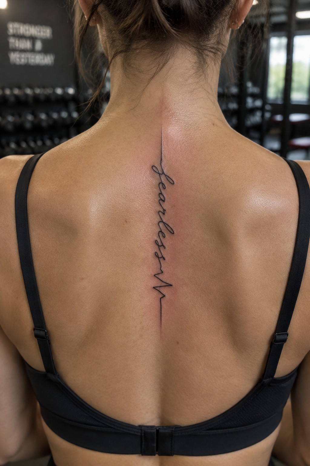 Fine-line cursive quote and heartbeat tattoo running vertically down a woman’s upper and middle back.