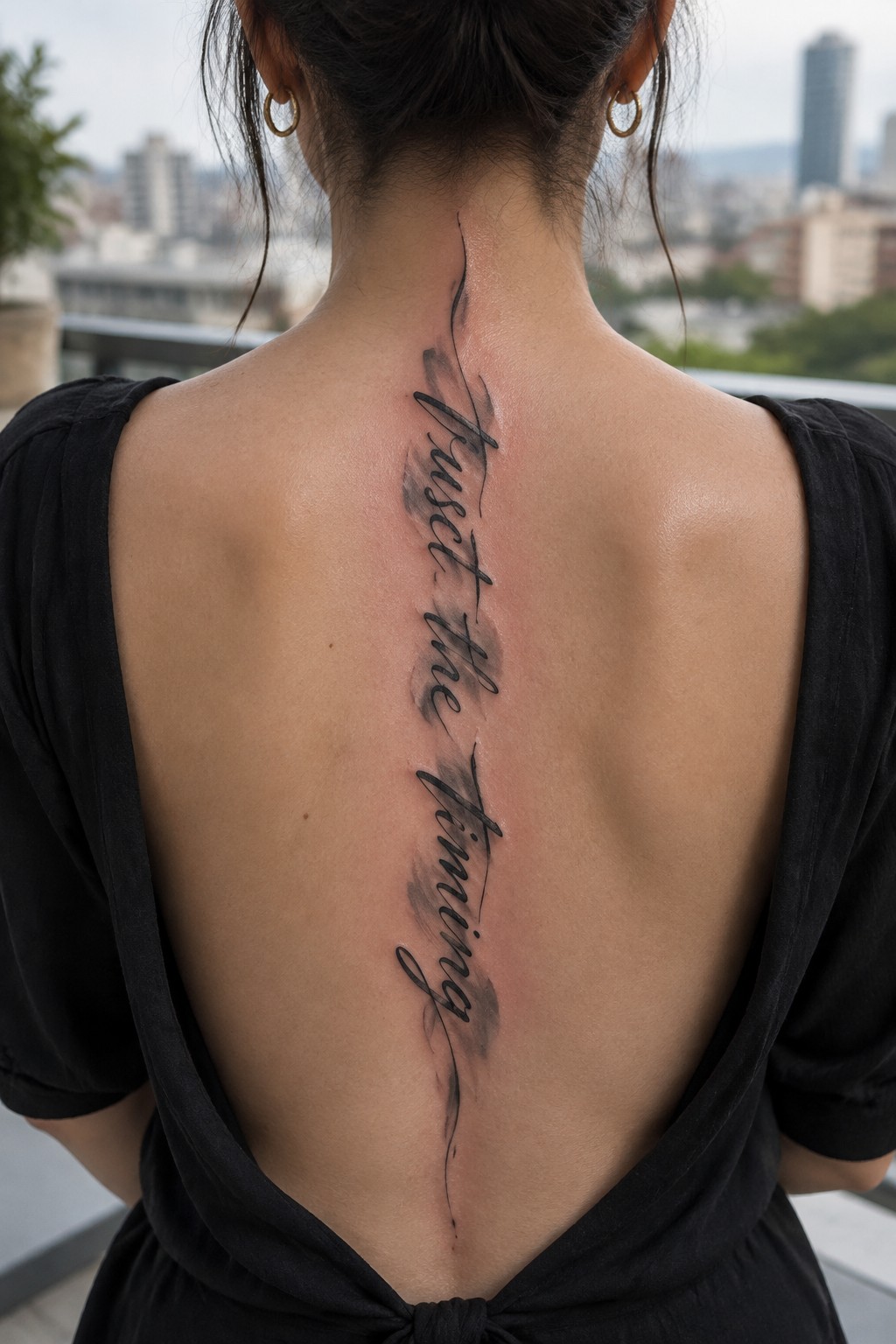 Woman with a large cursive quote tattoo running down her spine, accented by gray shading.