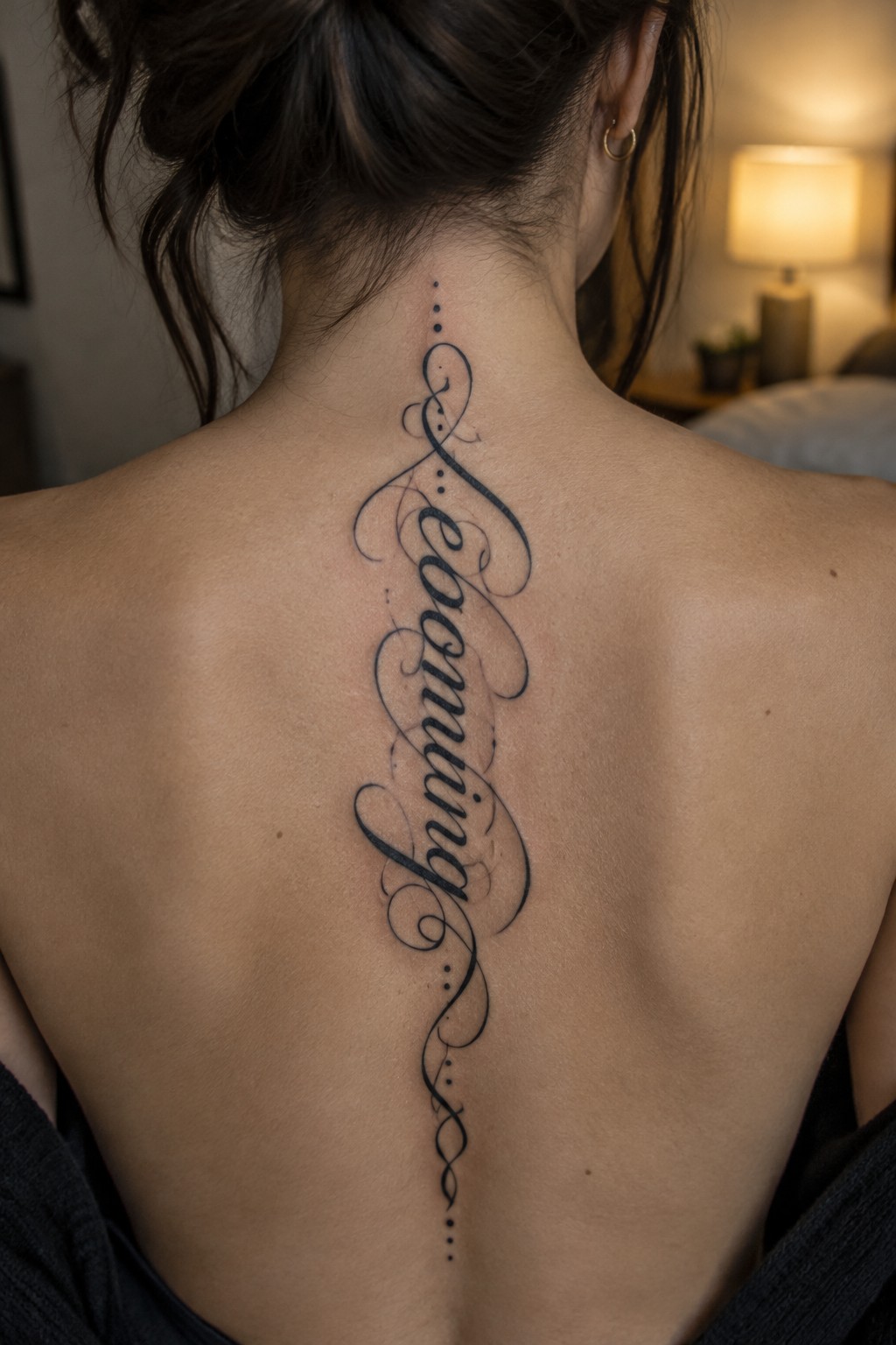 Long black calligraphy tattoo reading “Coming” vertically down a woman’s spine, surrounded by fine flourishes and small dots.