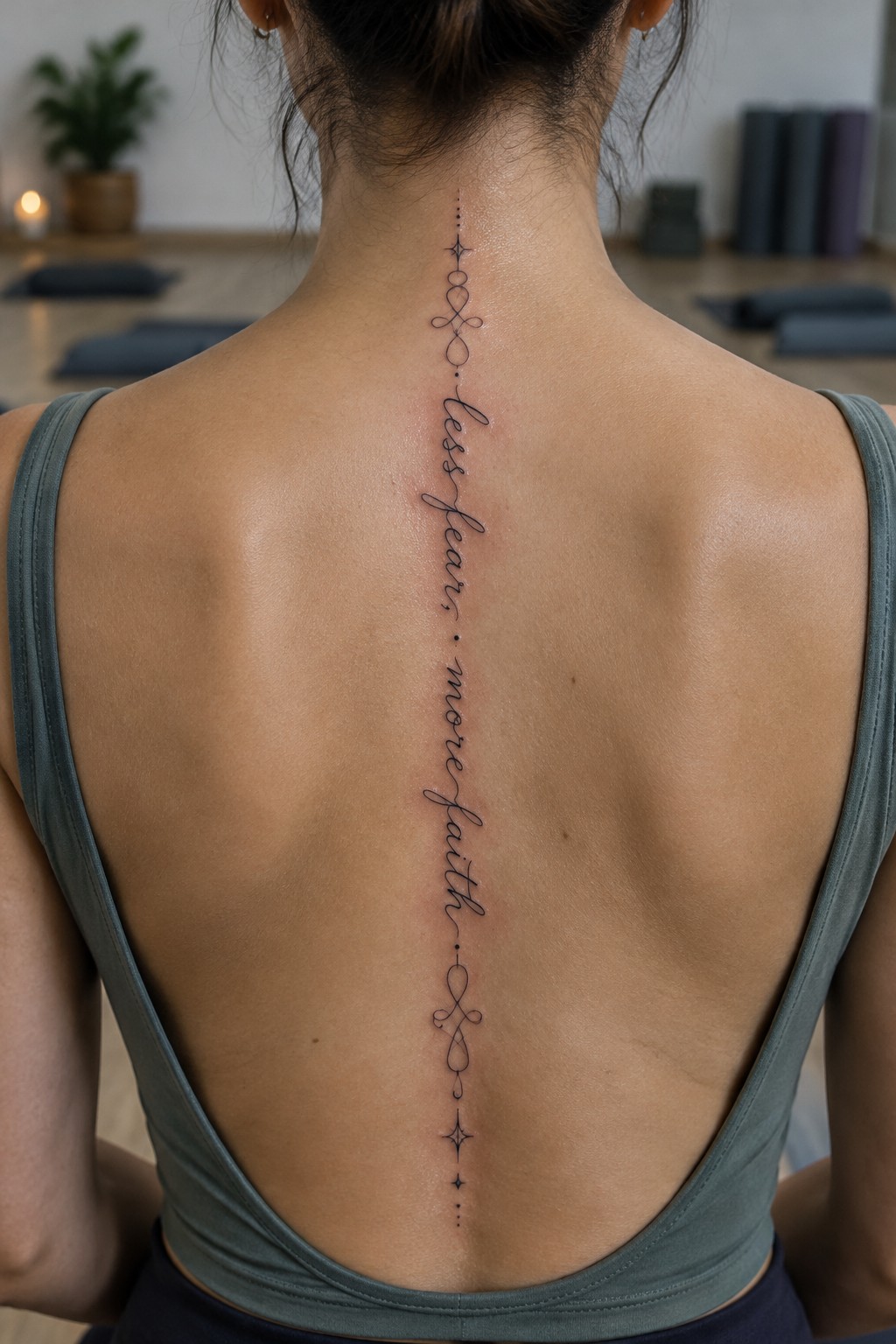 Fine-line cursive quote tattoo with ornamental symbols and stars running down a woman’s spine.