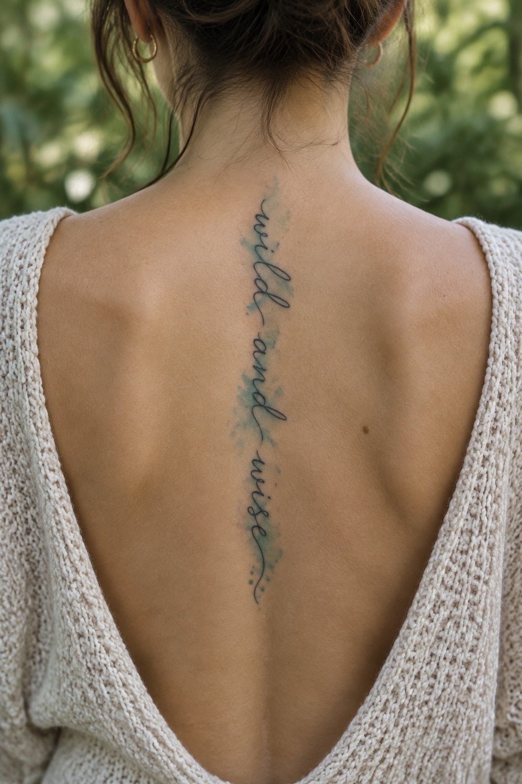 Woman with a long cursive quote tattoo running vertically down her spine, with muted teal shading behind the lettering.