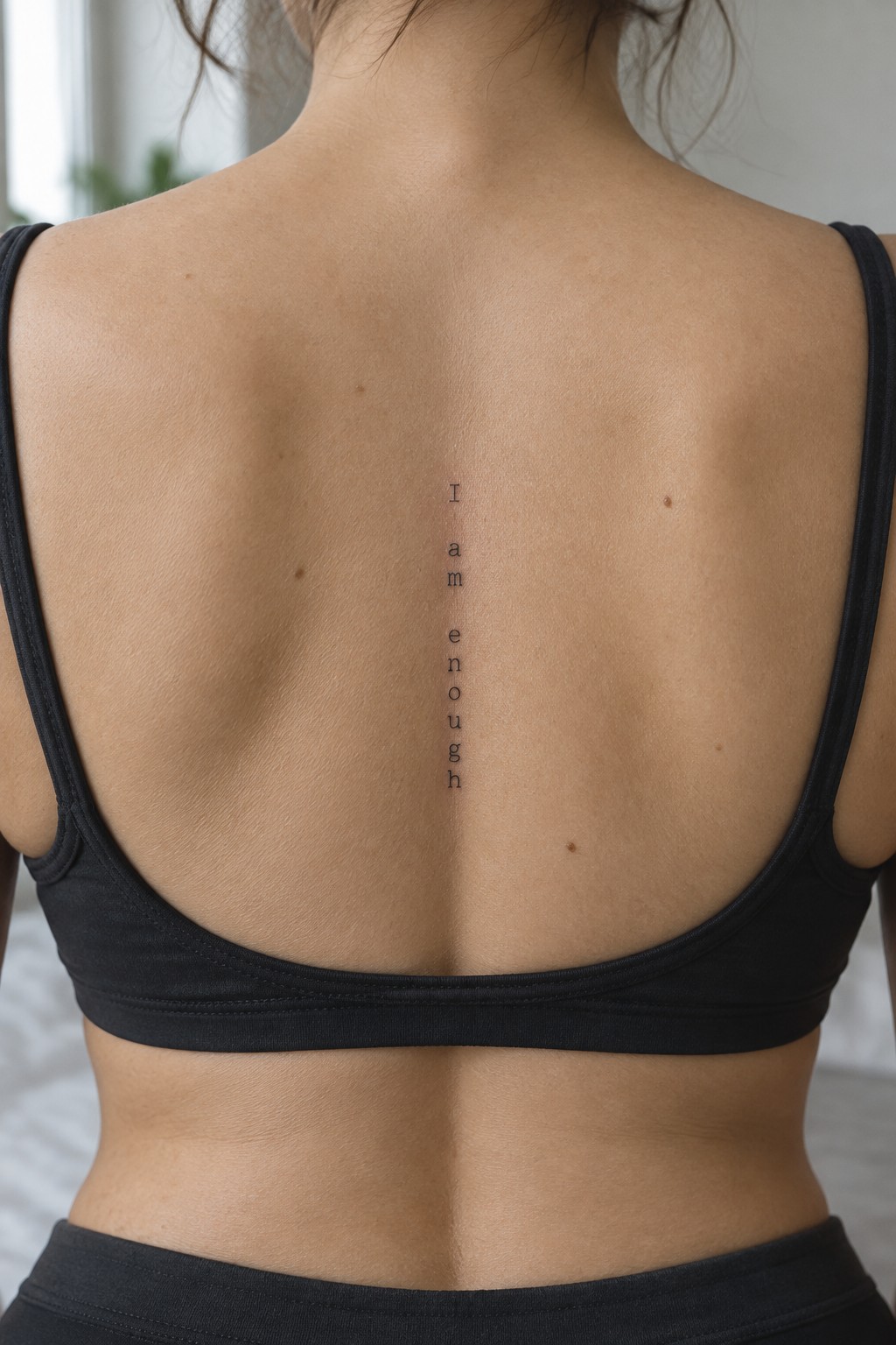 Small black serif lettering reading “I am enough” vertically down the center of a woman’s upper back.