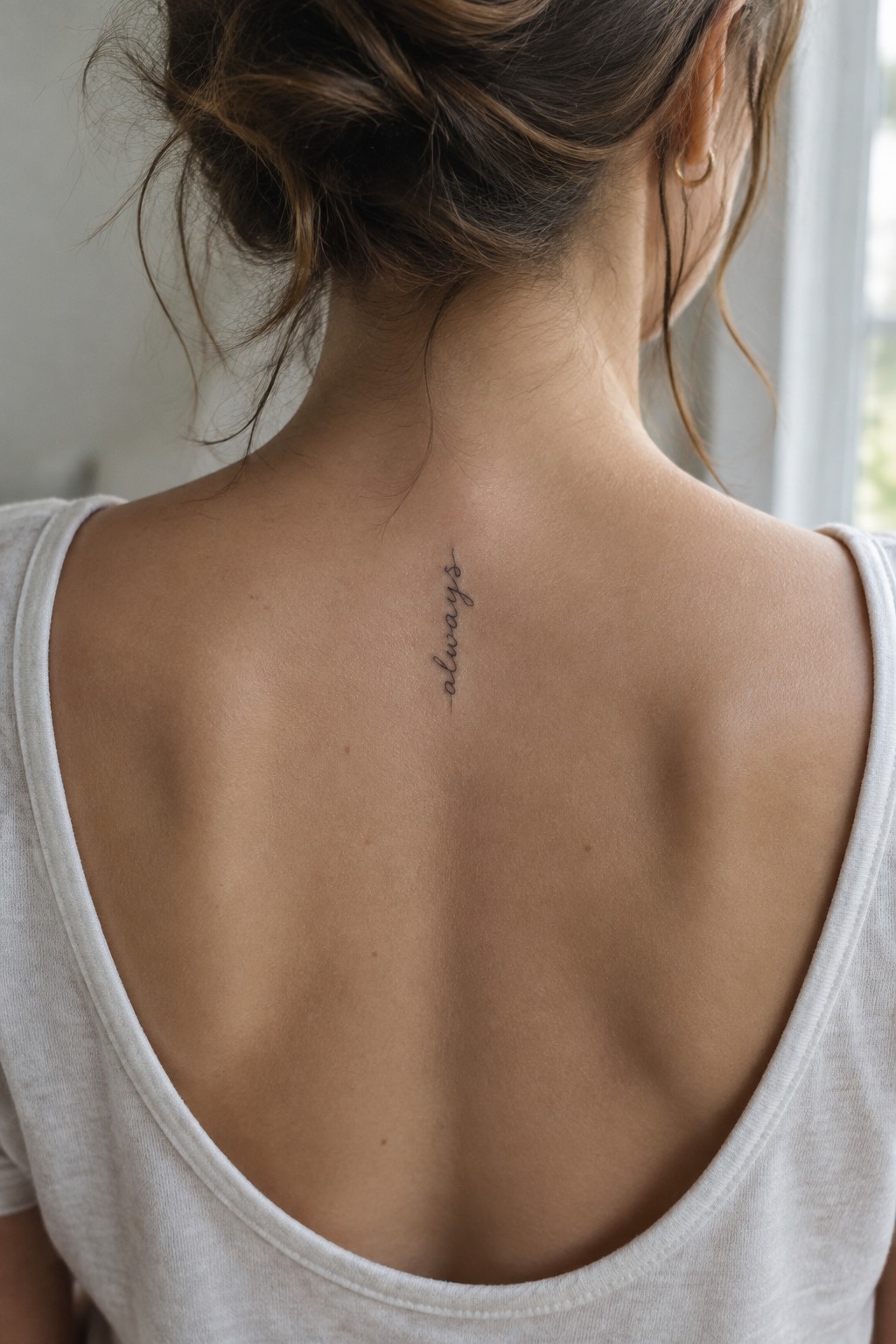 Small fine-line “always” script tattoo placed vertically at the top of a woman’s spine.