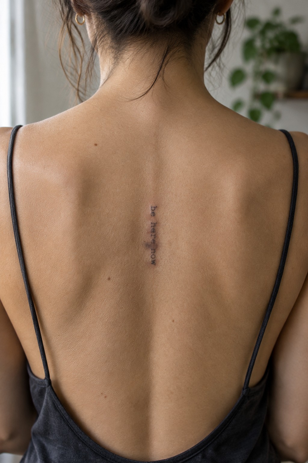 Small vertical fine-line quote reading “be here now” on a woman’s upper back, centered along the spine.
