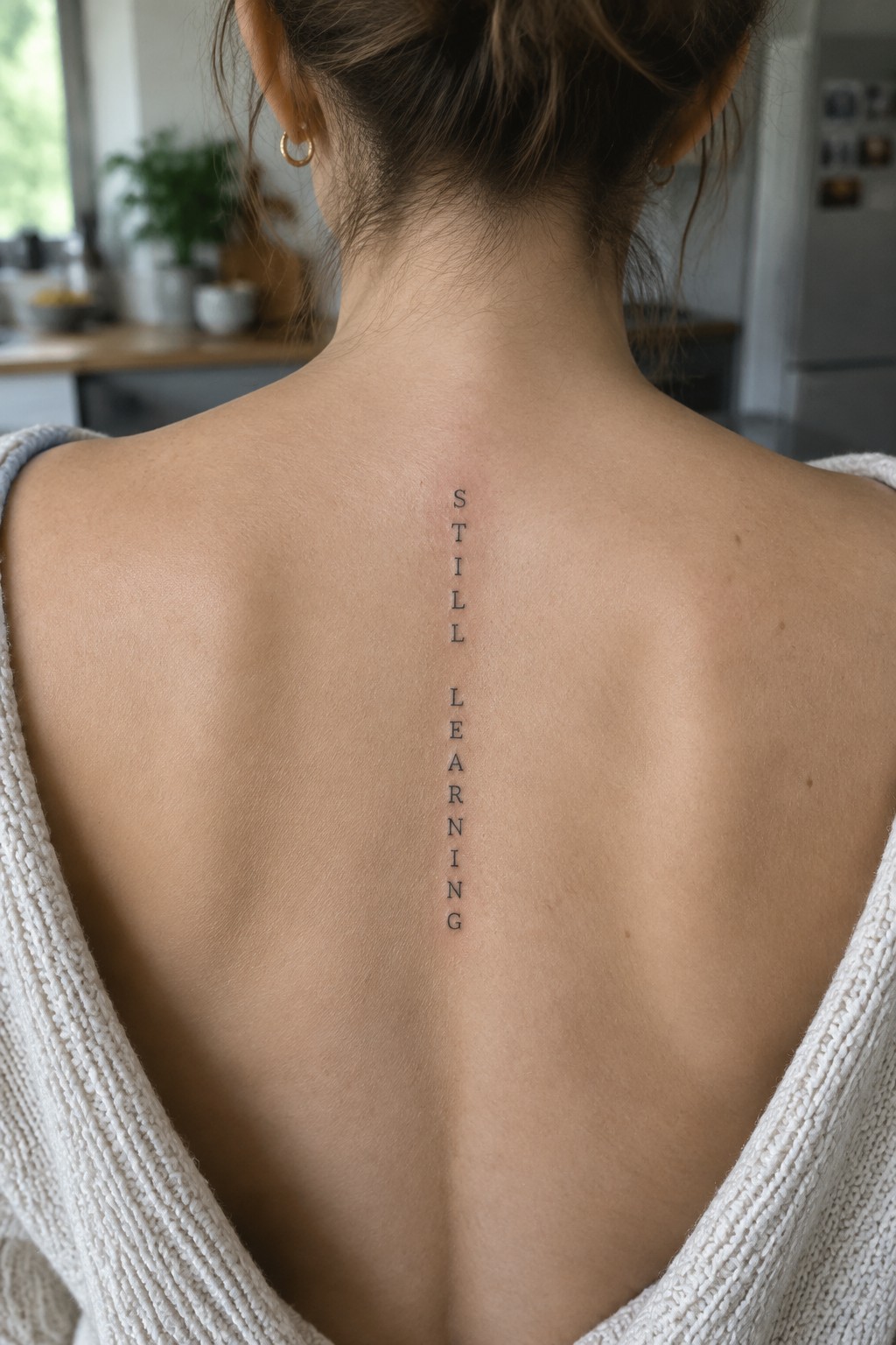 Small vertical “still learning” lettering tattoo centered along a woman’s upper back and spine.