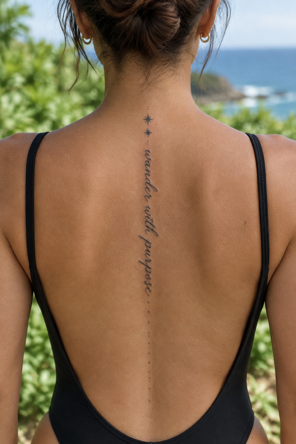 Fine-line cursive quote tattoo reading “wander with purpose” down a woman’s spine, with small stars and dots above and below it.
