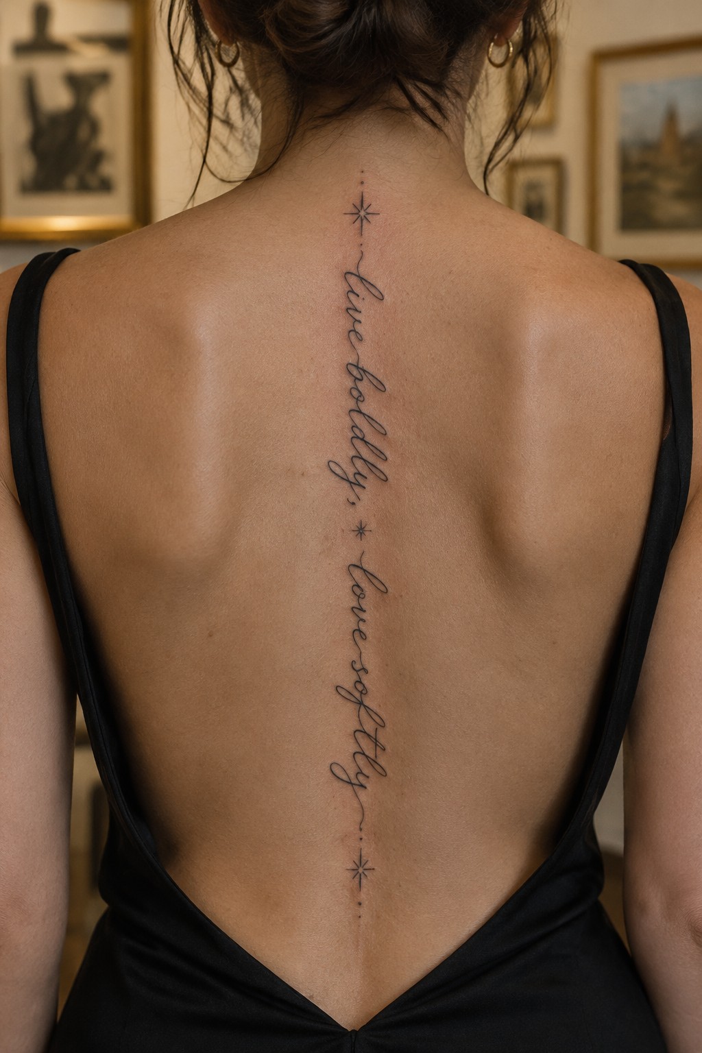 Fine-line cursive quote tattoo with small starbursts running vertically down a woman’s back.