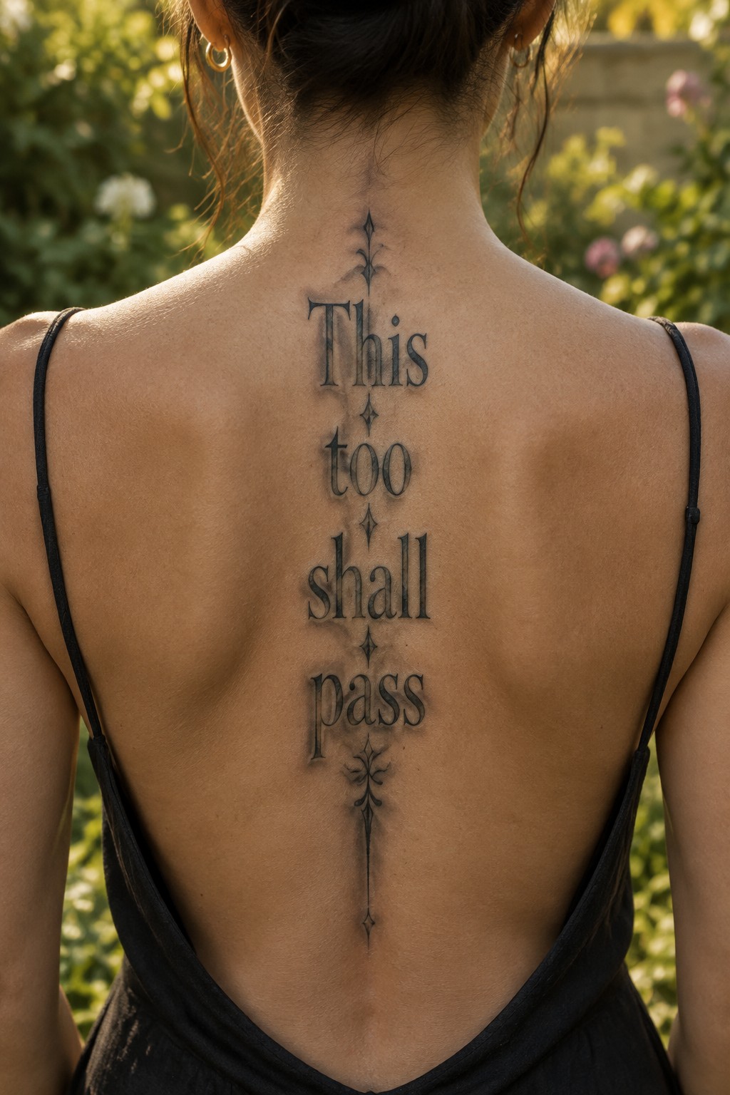 Woman with a vertical “This too shall pass” quote tattoo in serif lettering with small ornamental accents along her spine.