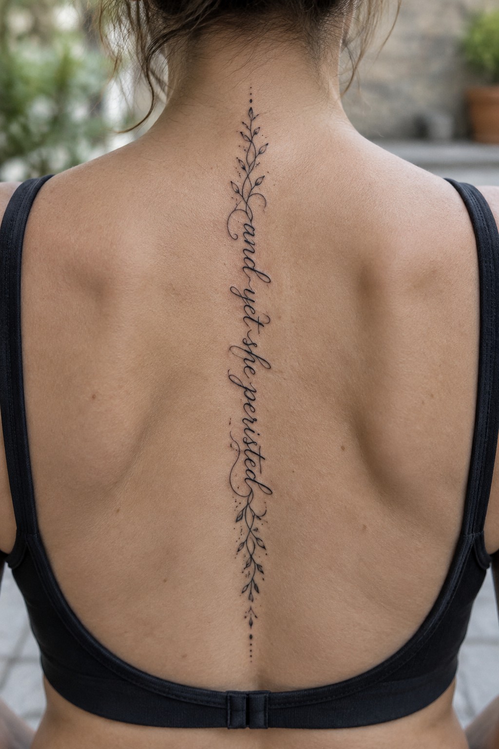 Fine-line script quote tattoo running vertically down the center of a woman’s back, framed by small botanical branches and dotted accents.