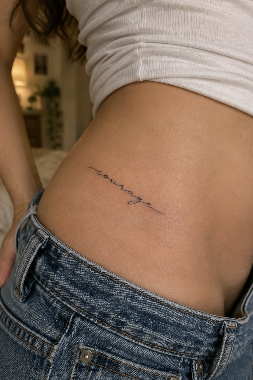 Fine-line cursive “courage” tattoo along a woman’s side above the waistband of blue jeans.