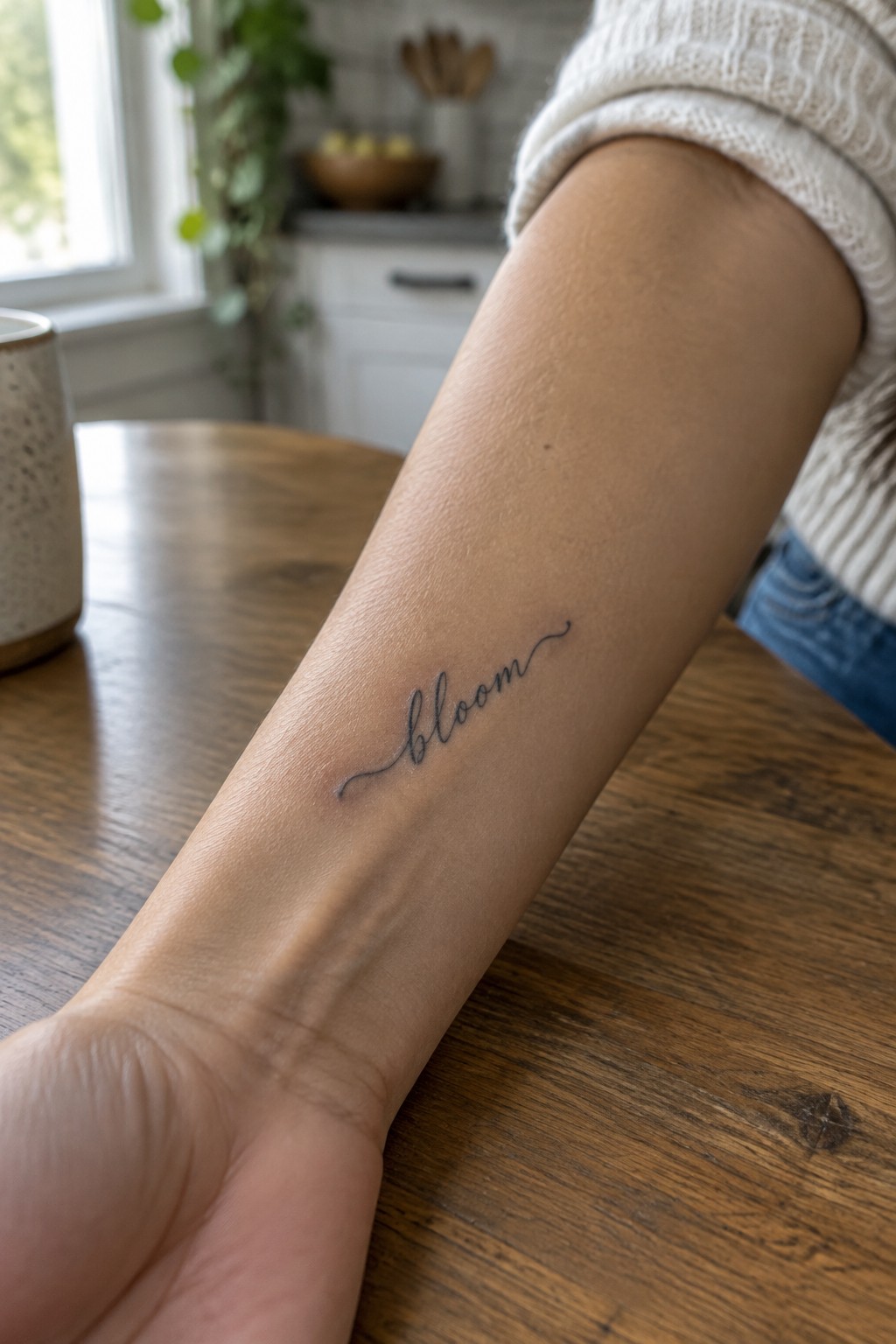 Small black script tattoo reading “bloom” on the inner forearm.