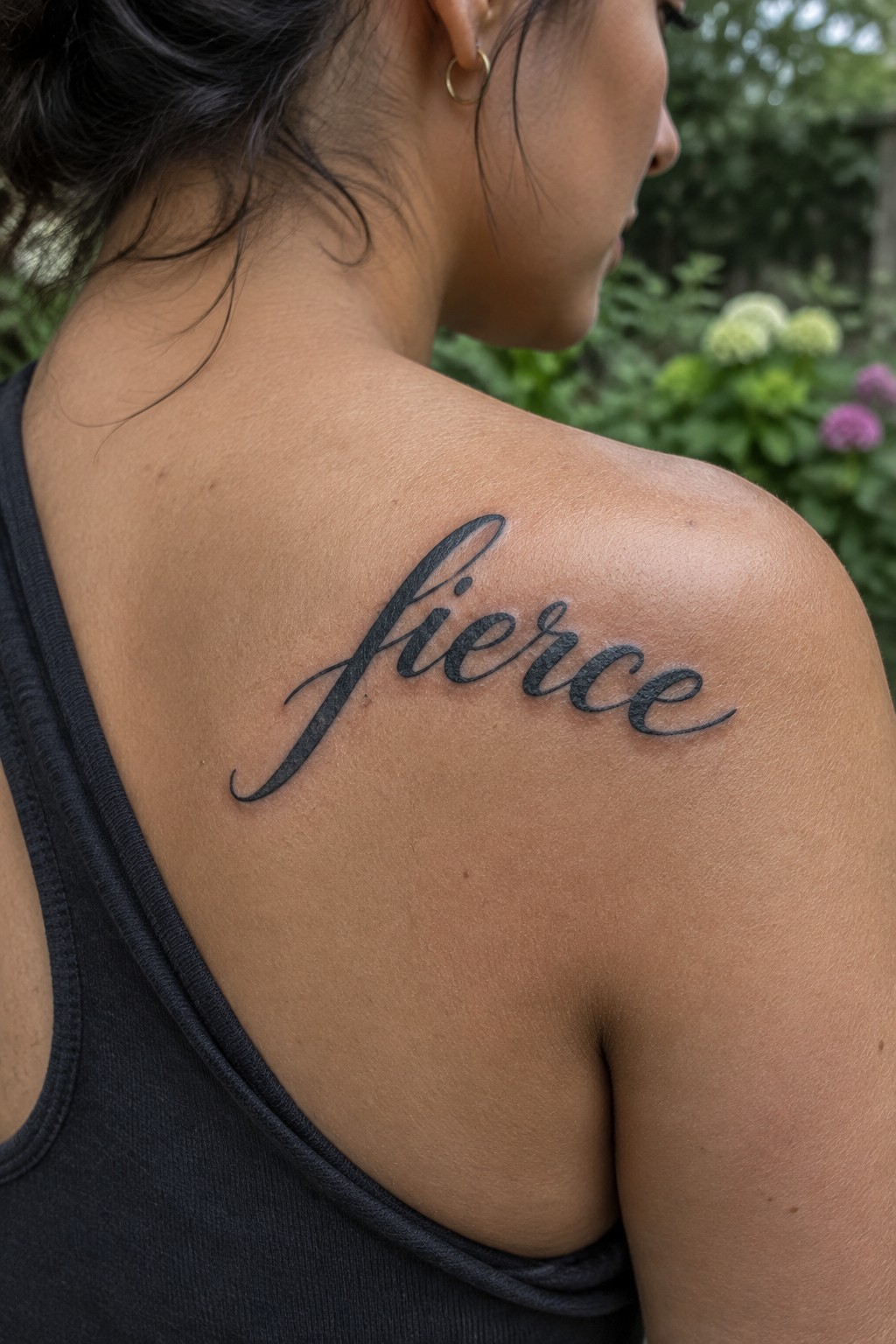 Black script tattoo reading “fierce” across a woman’s shoulder.