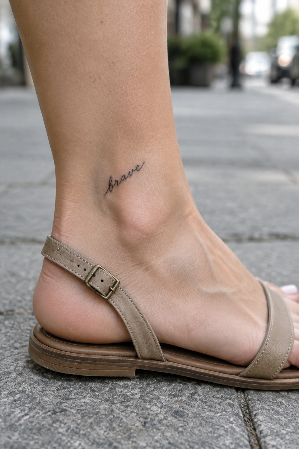Small black script tattoo reading “brave” above the ankle, shown with a taupe sandal.
