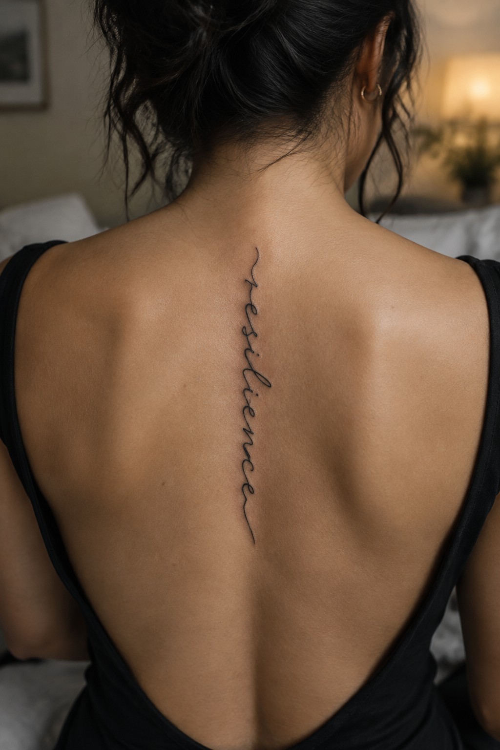 Fine black script tattoo reading “resilience” vertically along the center of a woman’s upper back.
