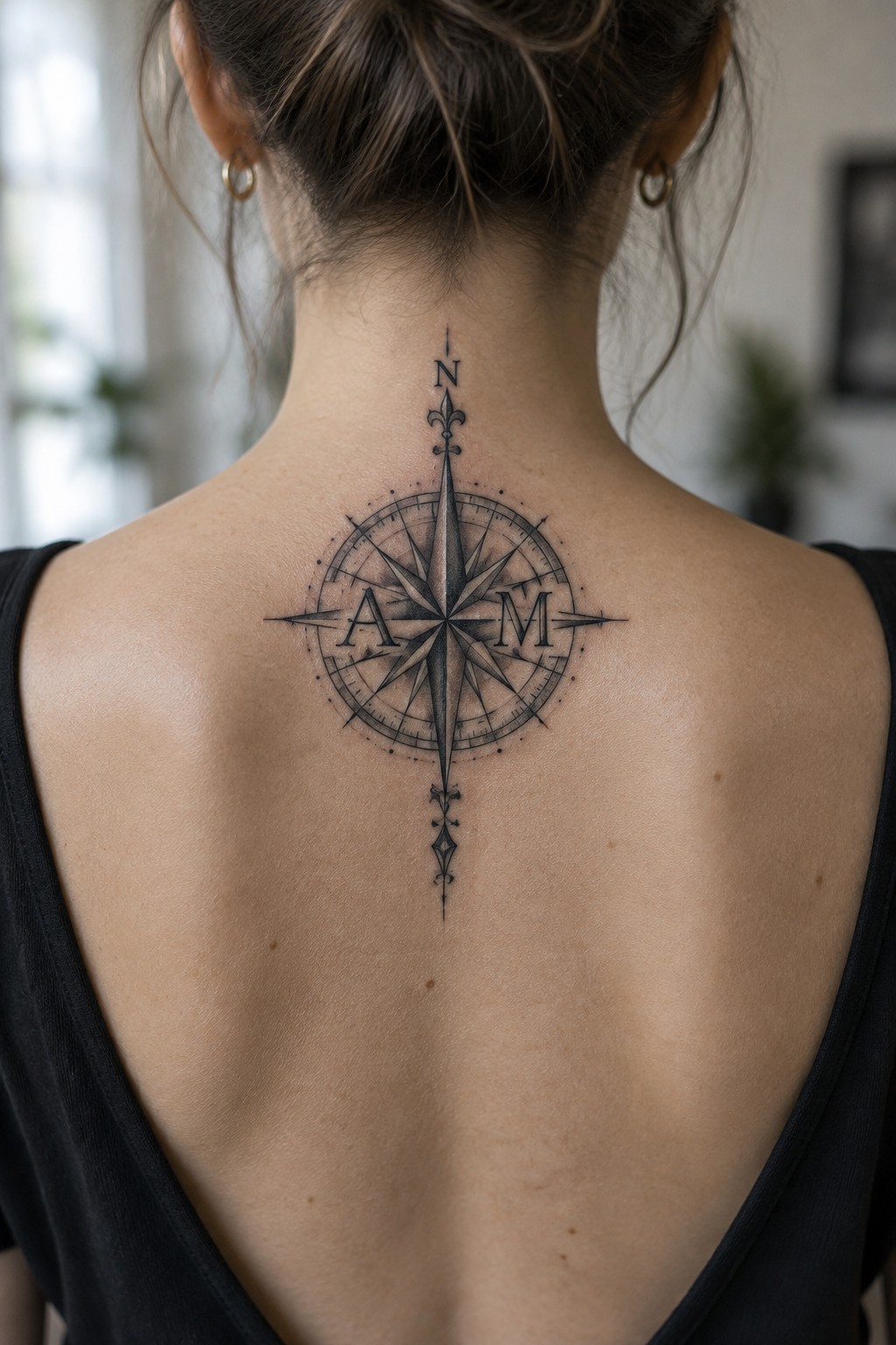 Fine-line compass tattoo with initials and a north marker centered on a woman’s upper back.