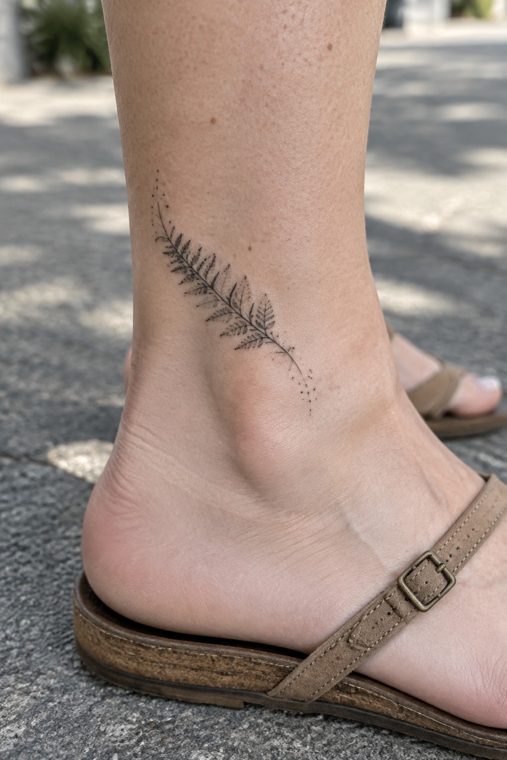 Fine-line black fern tattoo with dotted accents on the side of an ankle above a sandal.