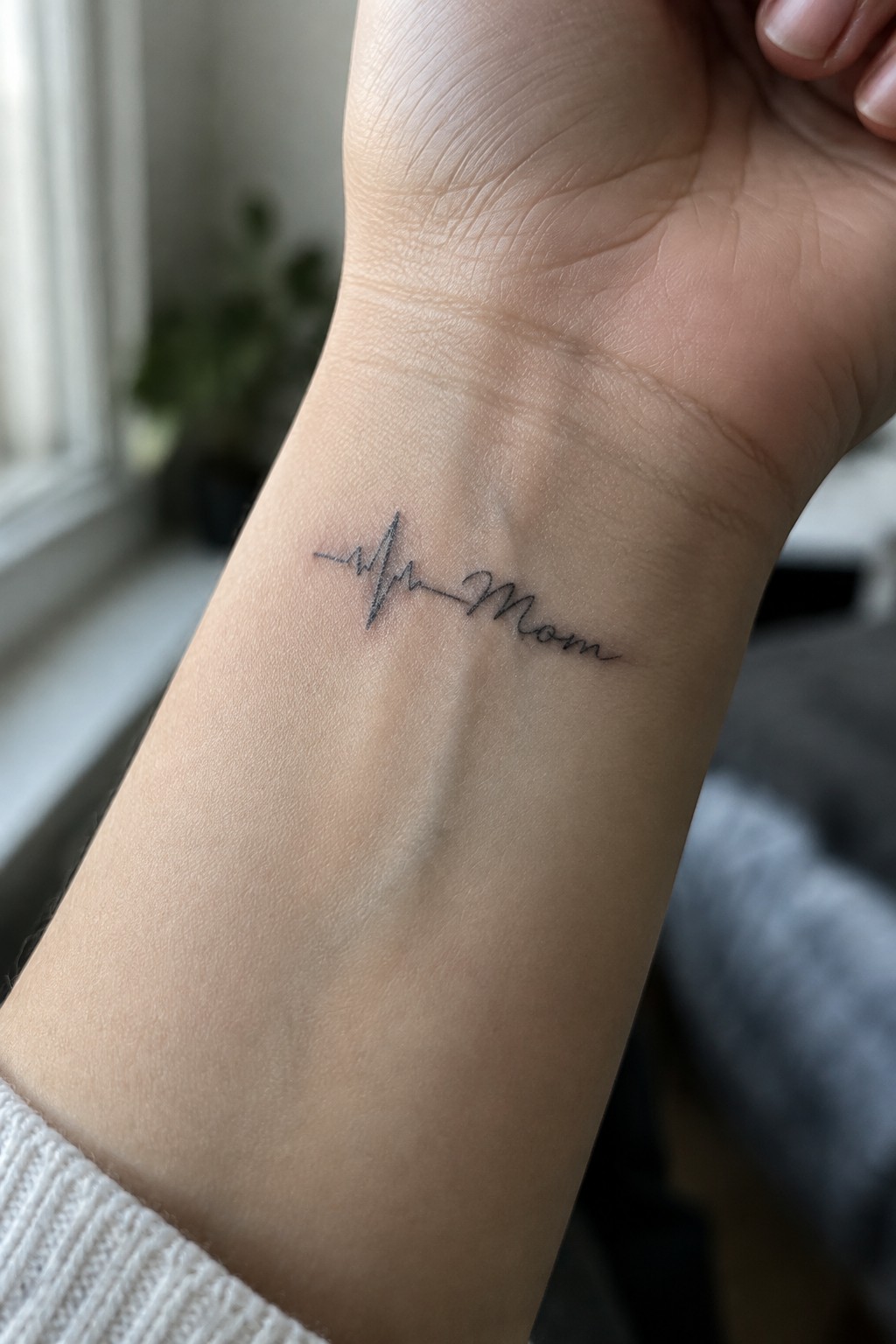 Fine-line heartbeat tattoo with the word “Mom” on the inner wrist.