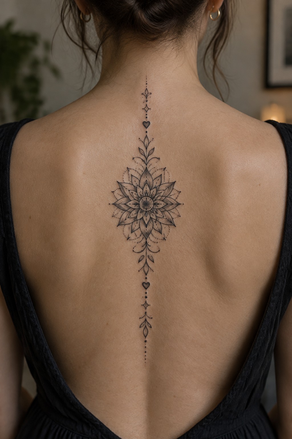 Fine-line floral mandala tattoo with small hearts and leafy details running down a woman’s spine.