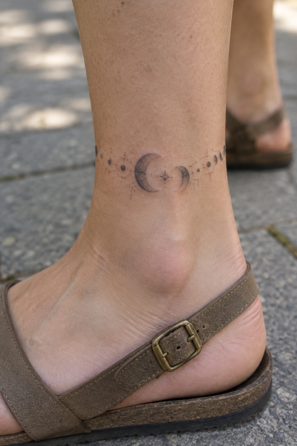 Small black and gray moon phase tattoo with crescent moons, dots, and a central star around a woman’s ankle above a brown sandal.