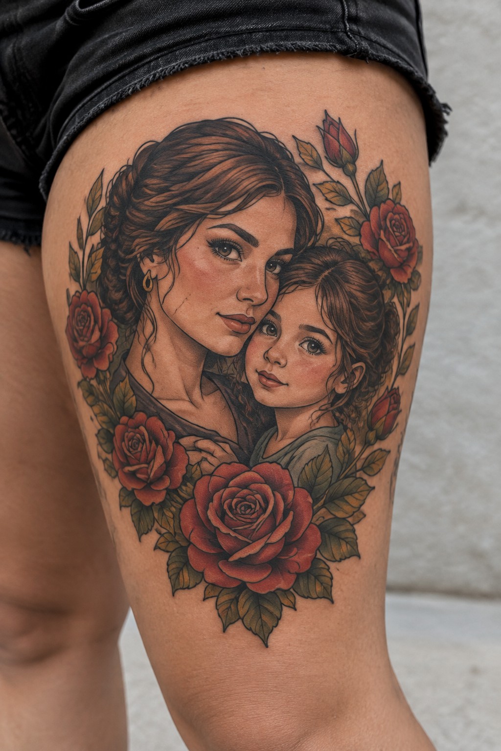 Color tattoo of a mother and daughter leaning together, framed by red roses and leafy branches on the thigh.