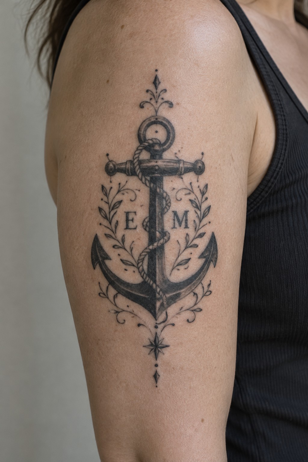 Black and gray upper arm tattoo of an anchor wrapped in rope, framed by leafy branches, with the initials E and M and ornamental details.