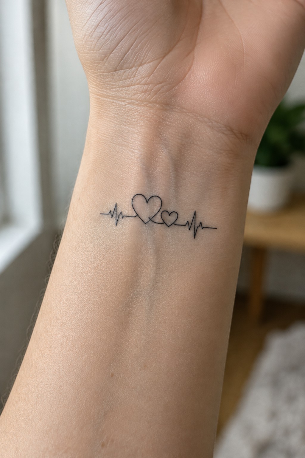 Small black fine-line tattoo of two outlined hearts along an ECG line on the inner wrist.