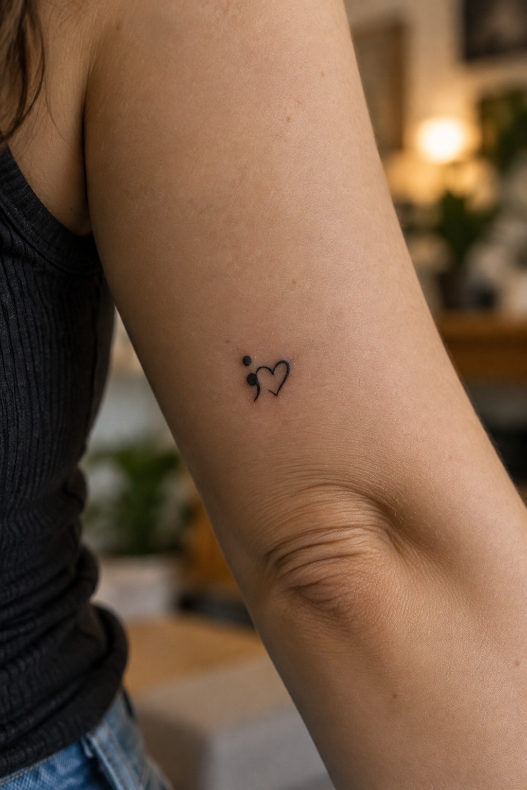 Small black outlined heart tattoo with dots and a curved line on the inner arm near the elbow.